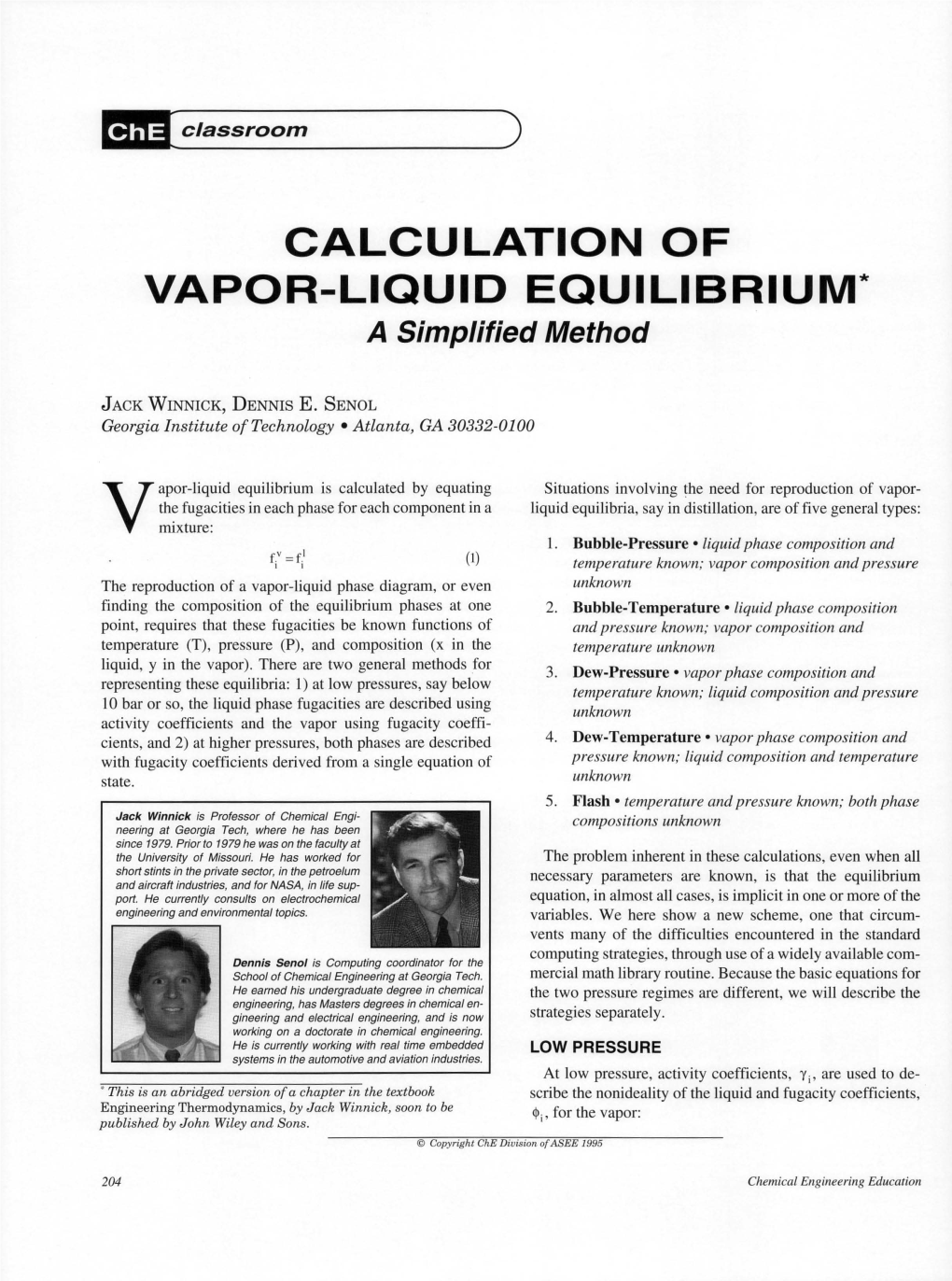 CALCULATION of VAPOR-LIQUID EQUILIBRIUM* a Simplified Method