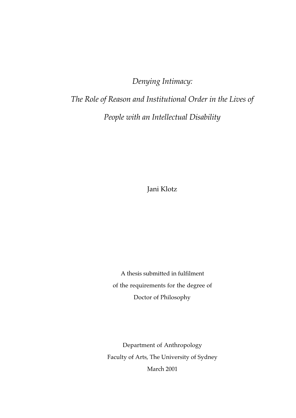 Denying Intimacy: the Role of Reason and Institutional Order in the Lives of People with Intellectual Disabilities