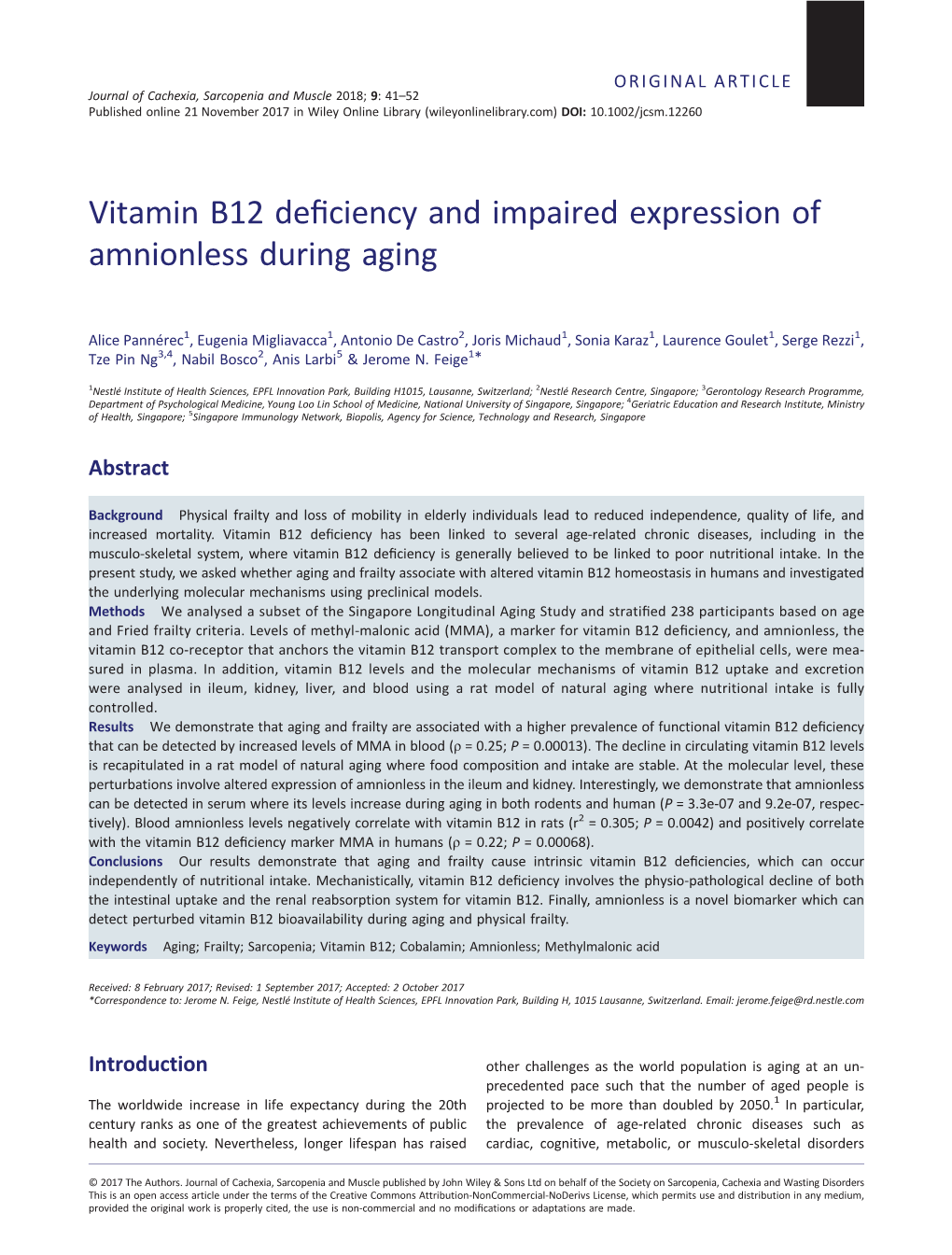 Vitamin B12 Deficiency and Impaired Expression of Amnionless During Aging