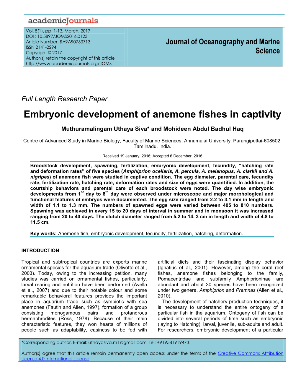 Embryonic Development of Anemone Fishes in Captivity