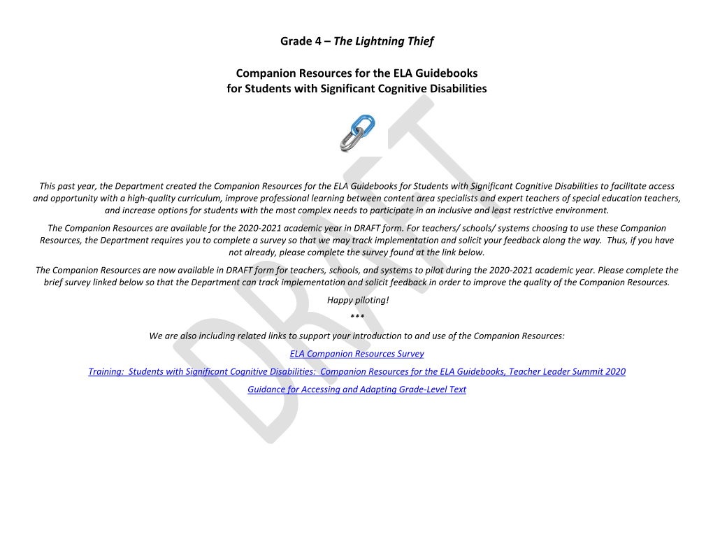 Grade 4 – the Lightning Thief Companion Resources for the ELA