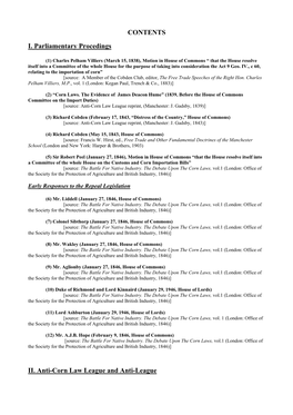 CONTENTS I. Parliamentary Procedings II. Anti-Corn Law