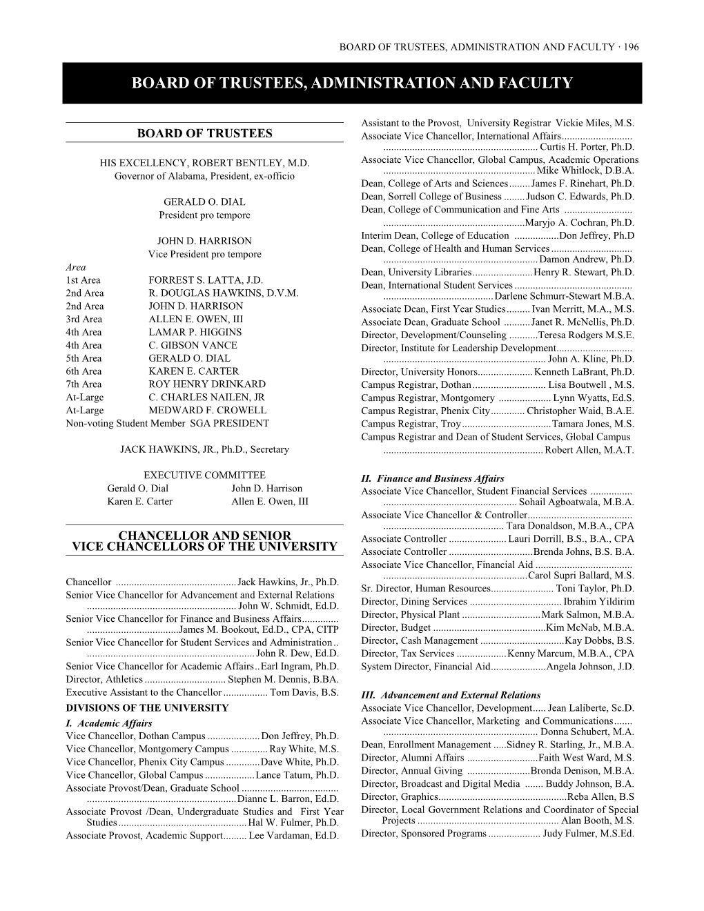 Board of Trustees, Administration and Faculty · 196