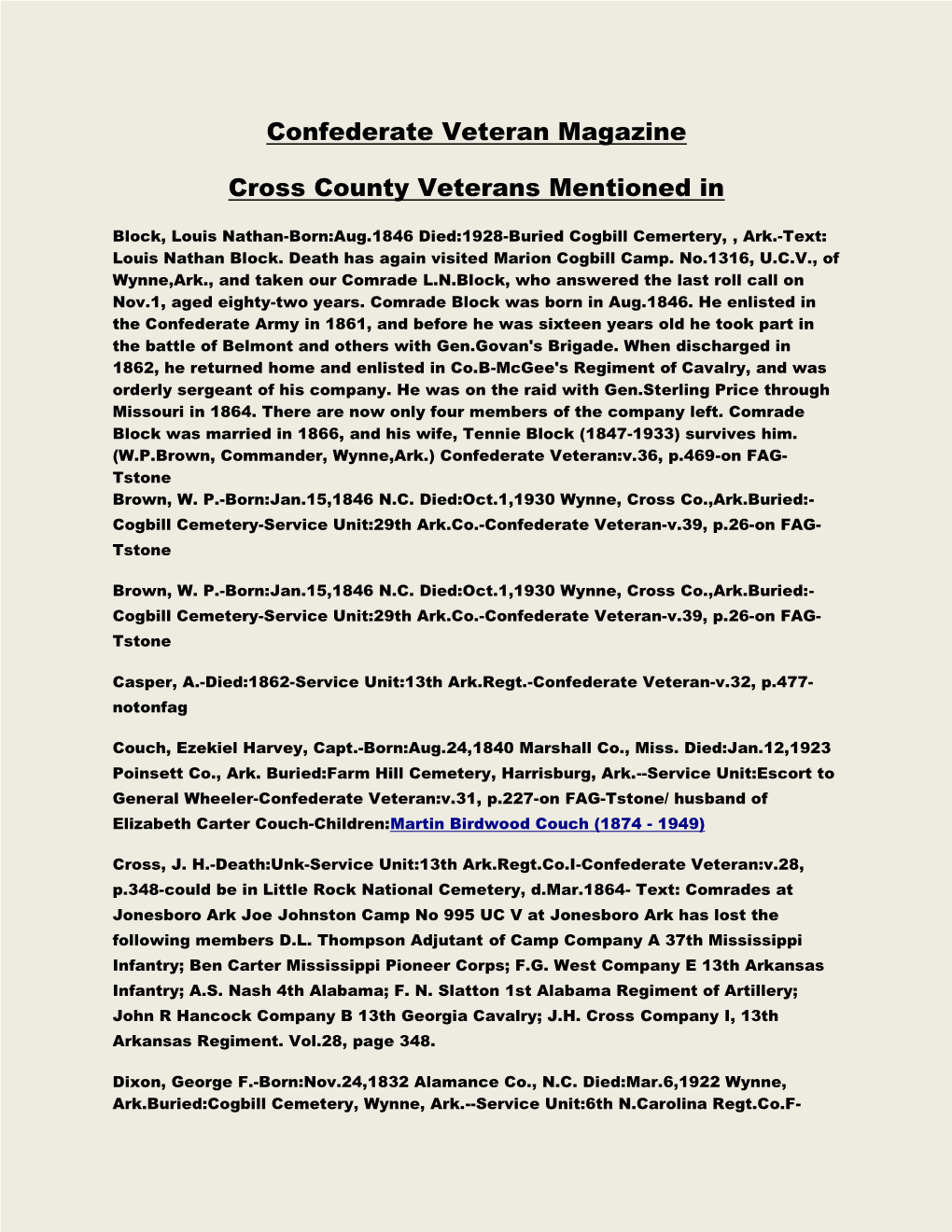Confederate Veteran Magazine Cross County Veterans Mentioned In