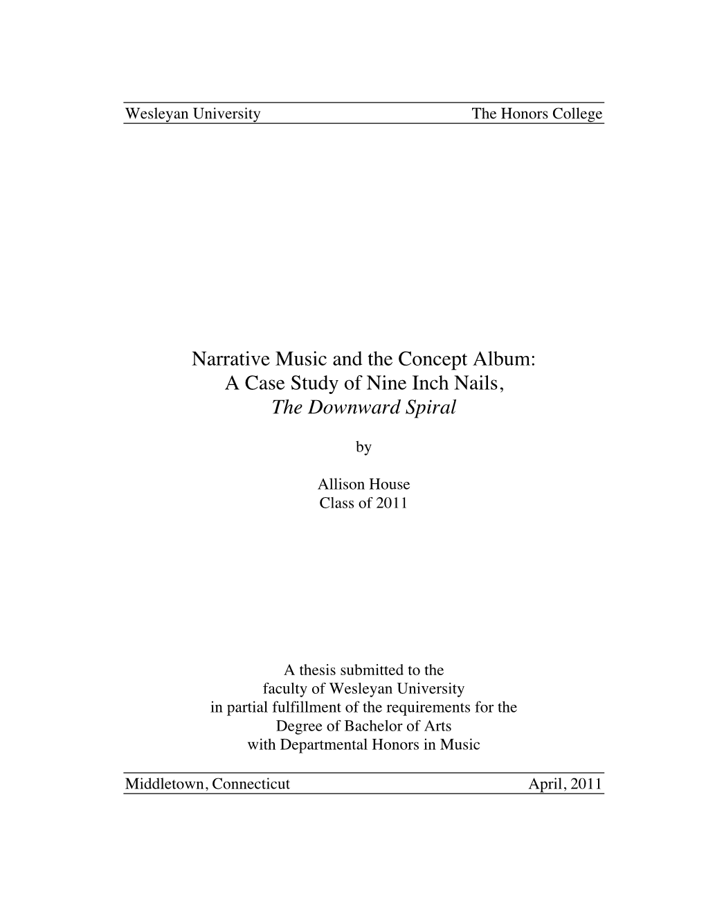 Narrative Music and the Concept Album: a Case Study of Nine Inch Nails, the Downward Spiral