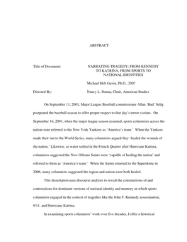 NARRATING TRAGEDY: from KENNEDY to KATRINA, from SPORTS to NATIONAL IDENTITIES Michael Helt Gavin, P