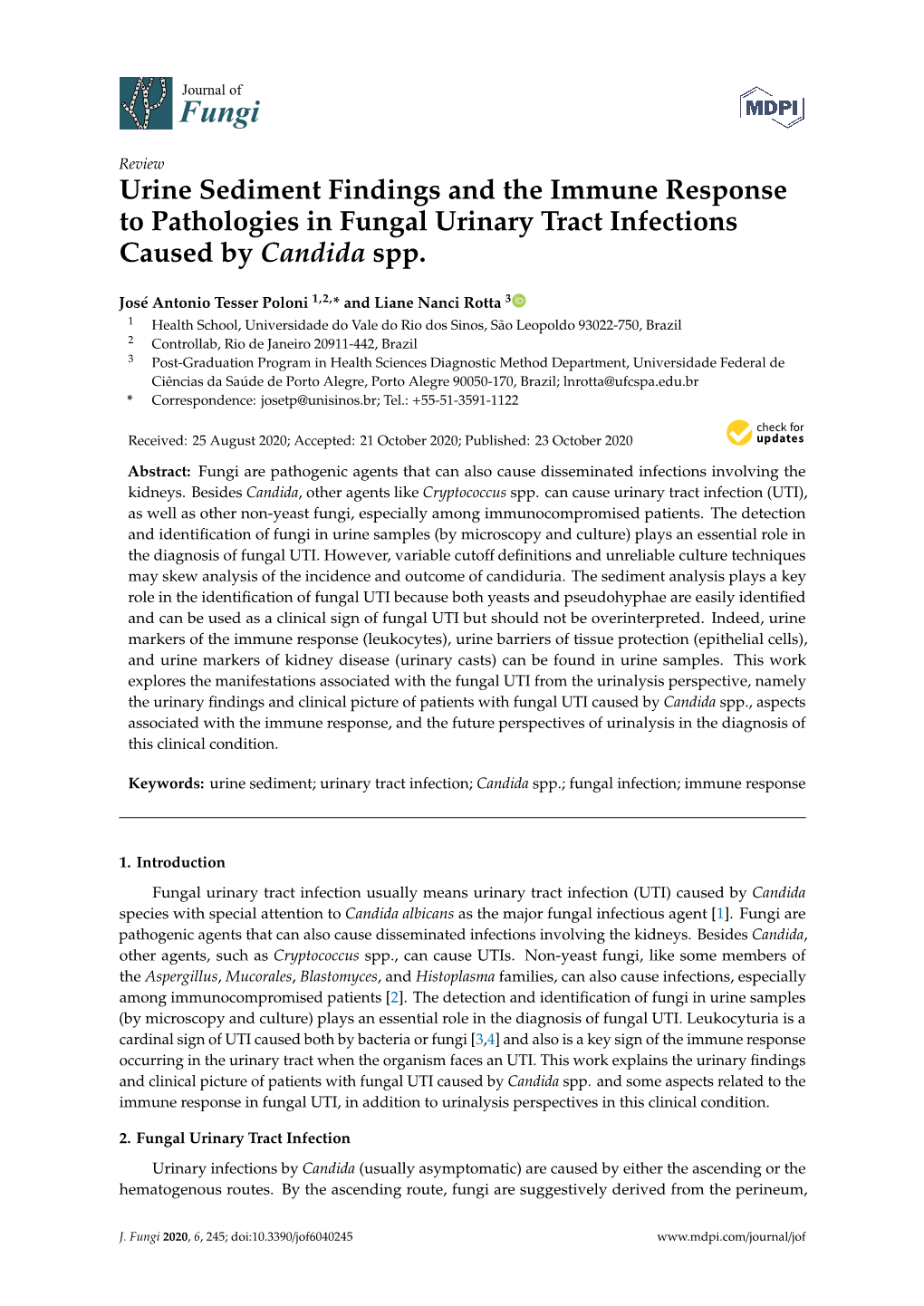 Urine Sediment Findings and the Immune Response to Pathologies in Fungal Urinary Tract Infections Caused by Candida Spp