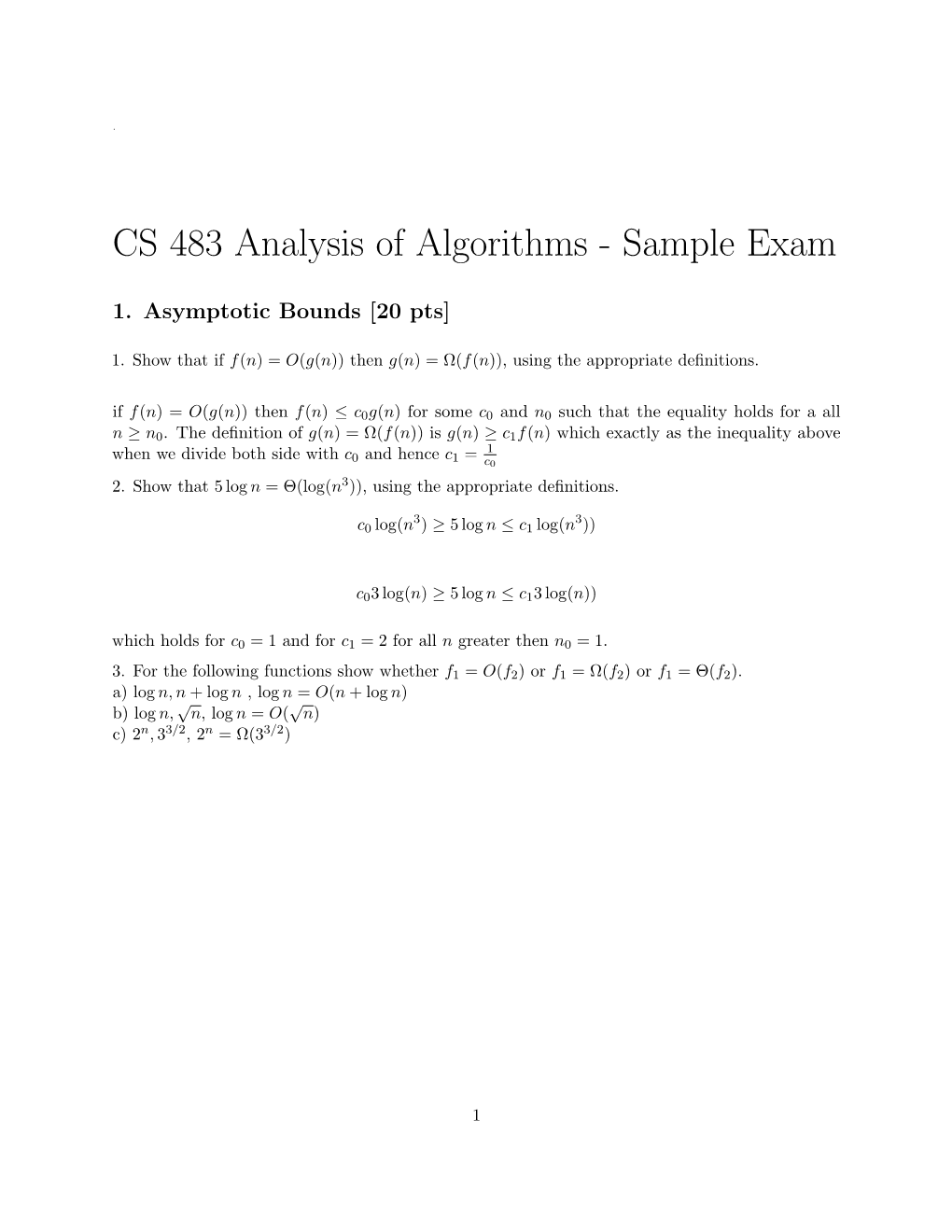 CS 483 Analysis of Algorithms - Sample Exam
