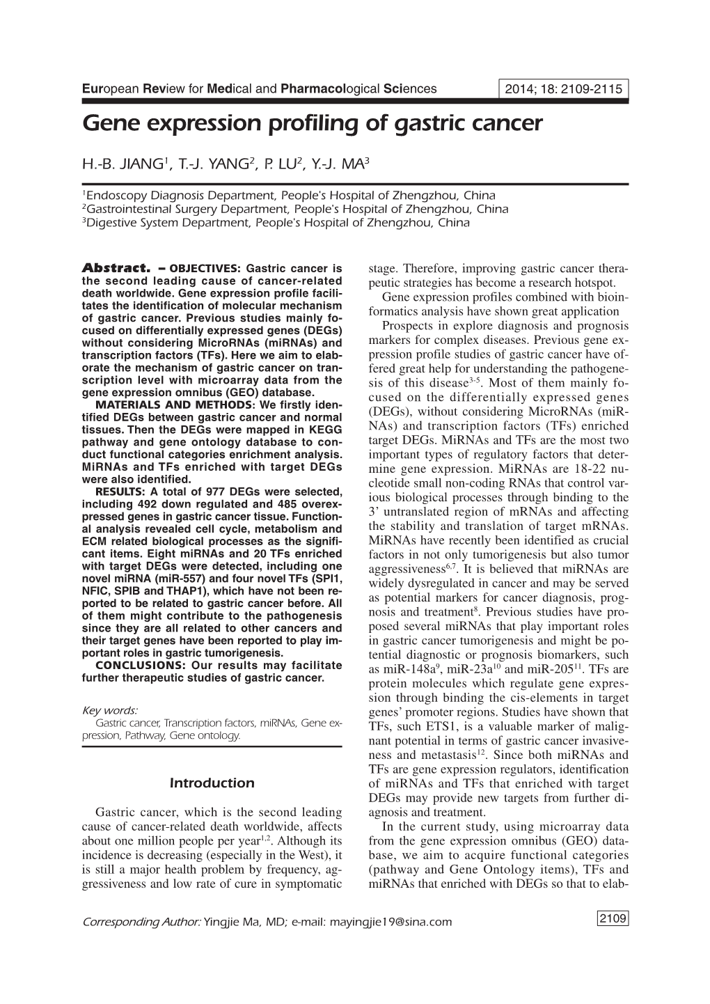 Gene Expression Profiling of Gastric Cancer