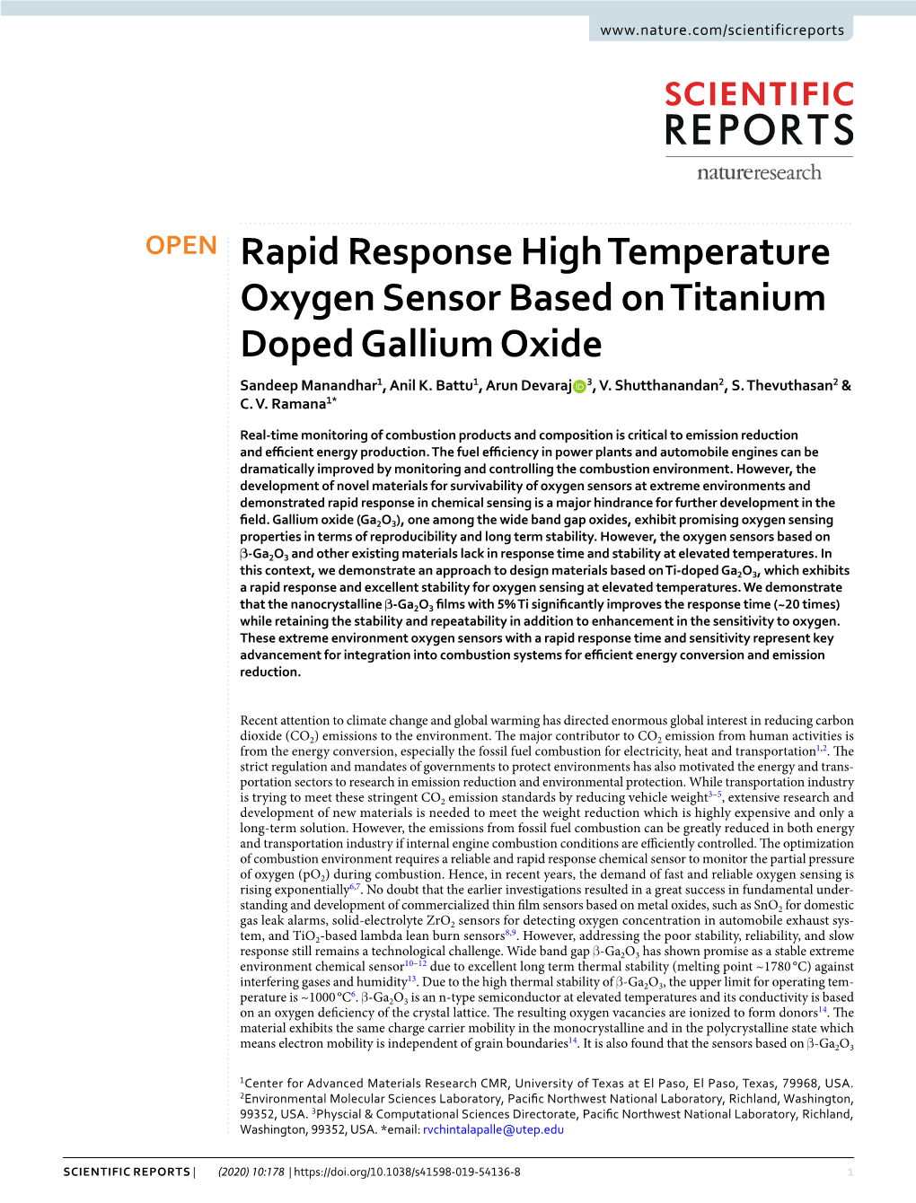 Rapid Response High Temperature Oxygen Sensor Based on Titanium Doped Gallium Oxide Sandeep Manandhar1, Anil K