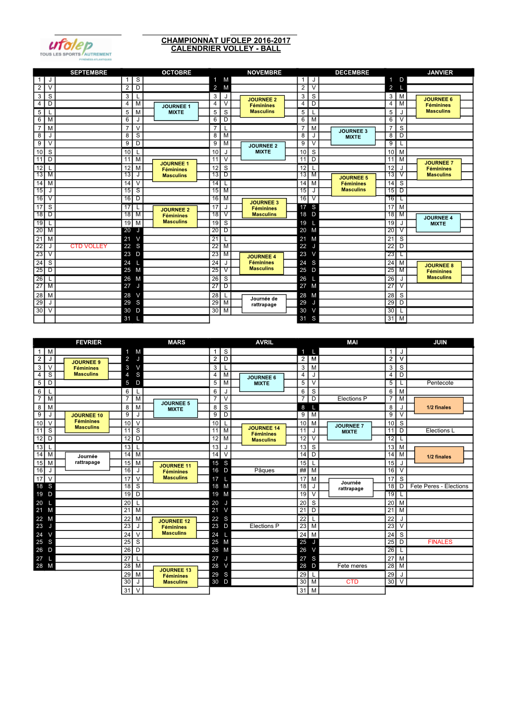 Calendrier Volley 64