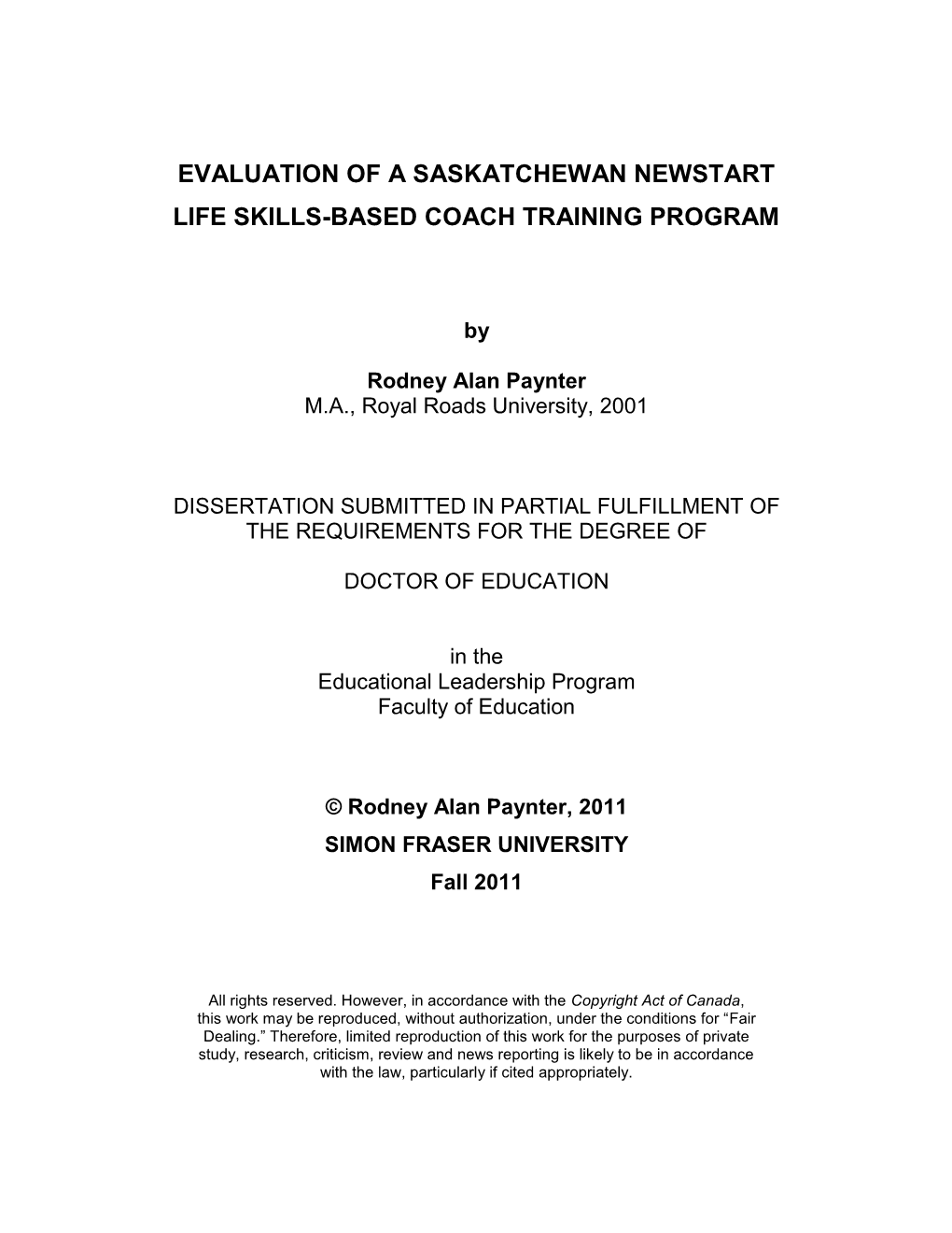 Evaluation of a Saskatchewan Newstart Life Skills-Based Coach Training Program