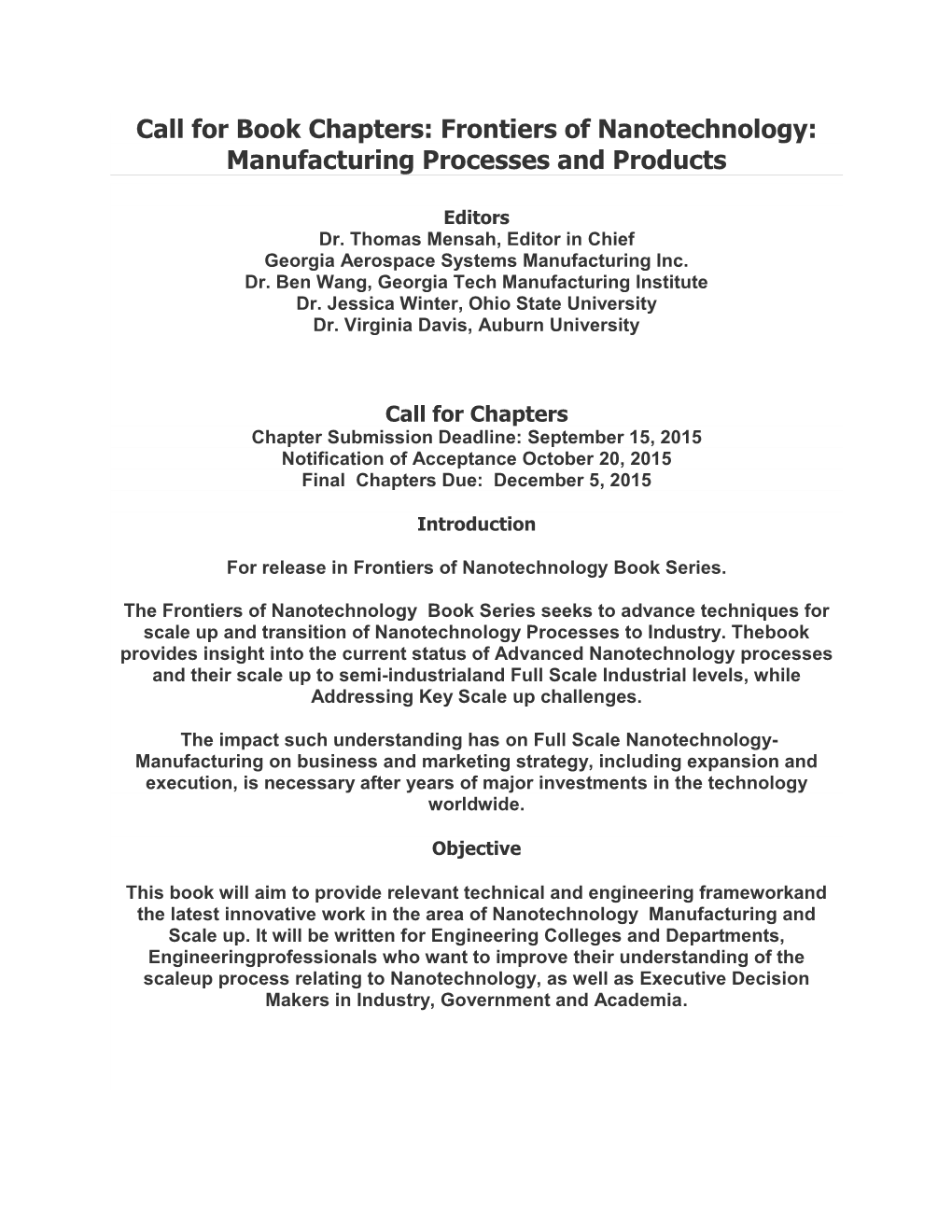 Call for Book Chapters: Frontiers of Nanotechnology: Manufacturing Processes and Products