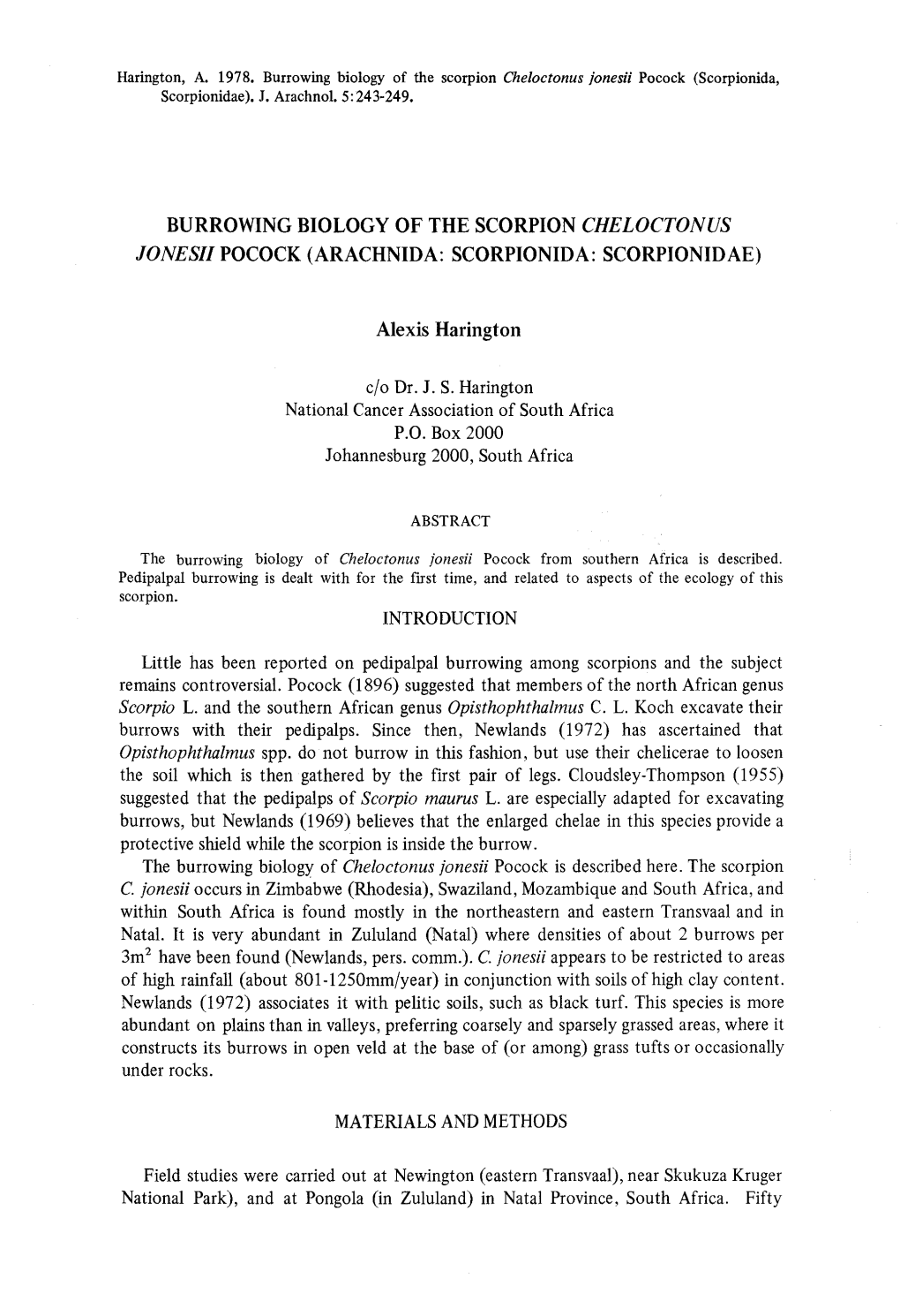 Burrowing Biology of the Scorpion Cheloctonus Jonesii Pocock (Scorpionida, Scorpionidae)