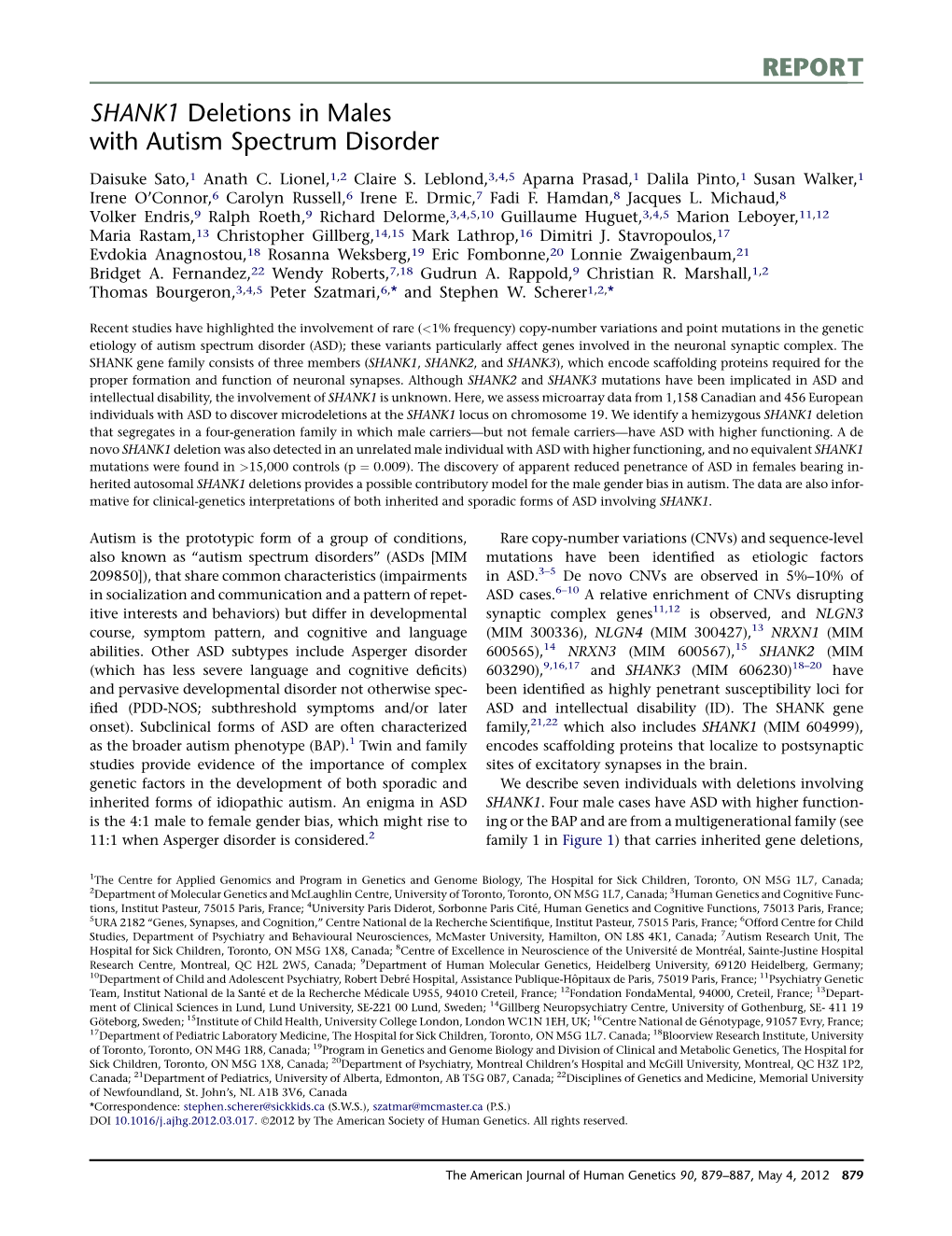 SHANK1 Deletions in Males with Autism Spectrum Disorder