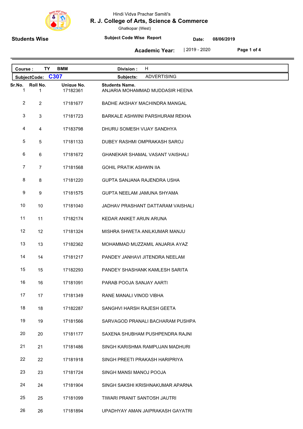 R. J. College of Arts, Science & Commerce C307