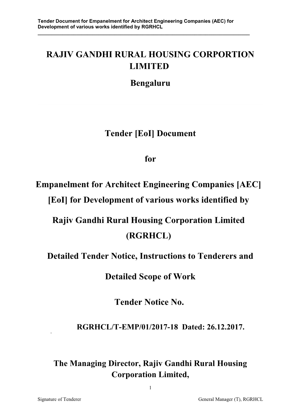 Tender Document for Empanelment for Architect Engineering Companies (AEC) for Development