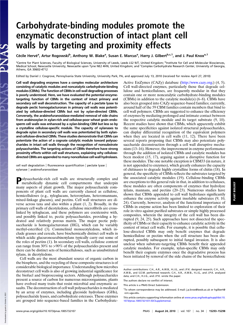 Carbohydrate-Binding Modules Promote the Enzymatic Deconstruction of Intact Plant Cell Walls by Targeting and Proximity Effects