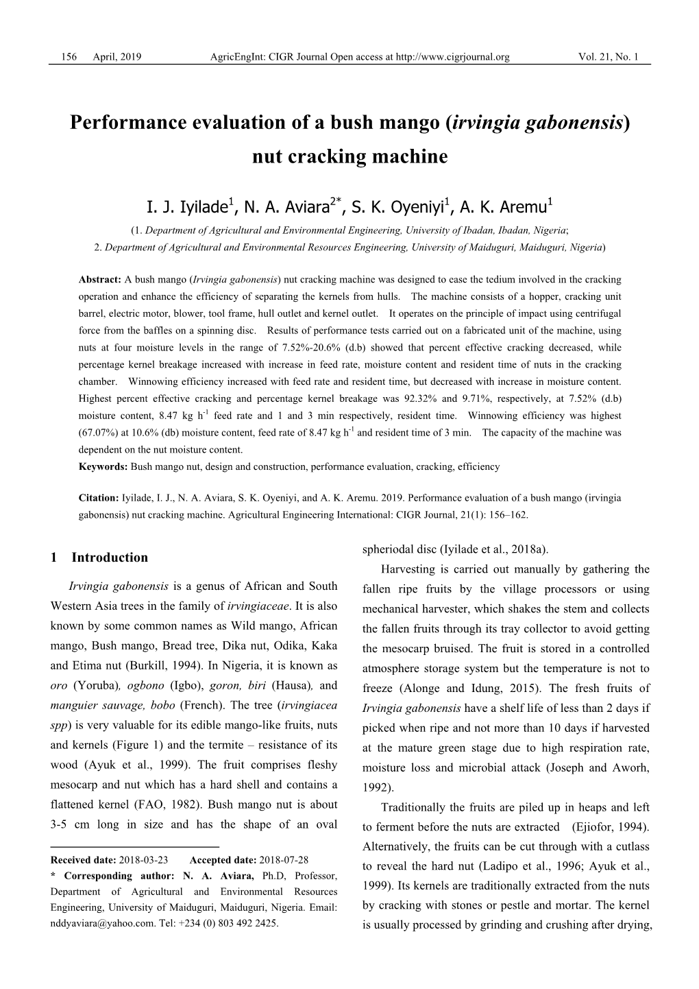 Performance Evaluation of a Bush Mango (Irvingia Gabonensis) Nut Cracking Machine