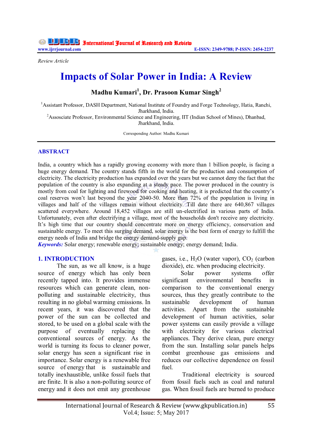 Impacts of Solar Power in India: a Review