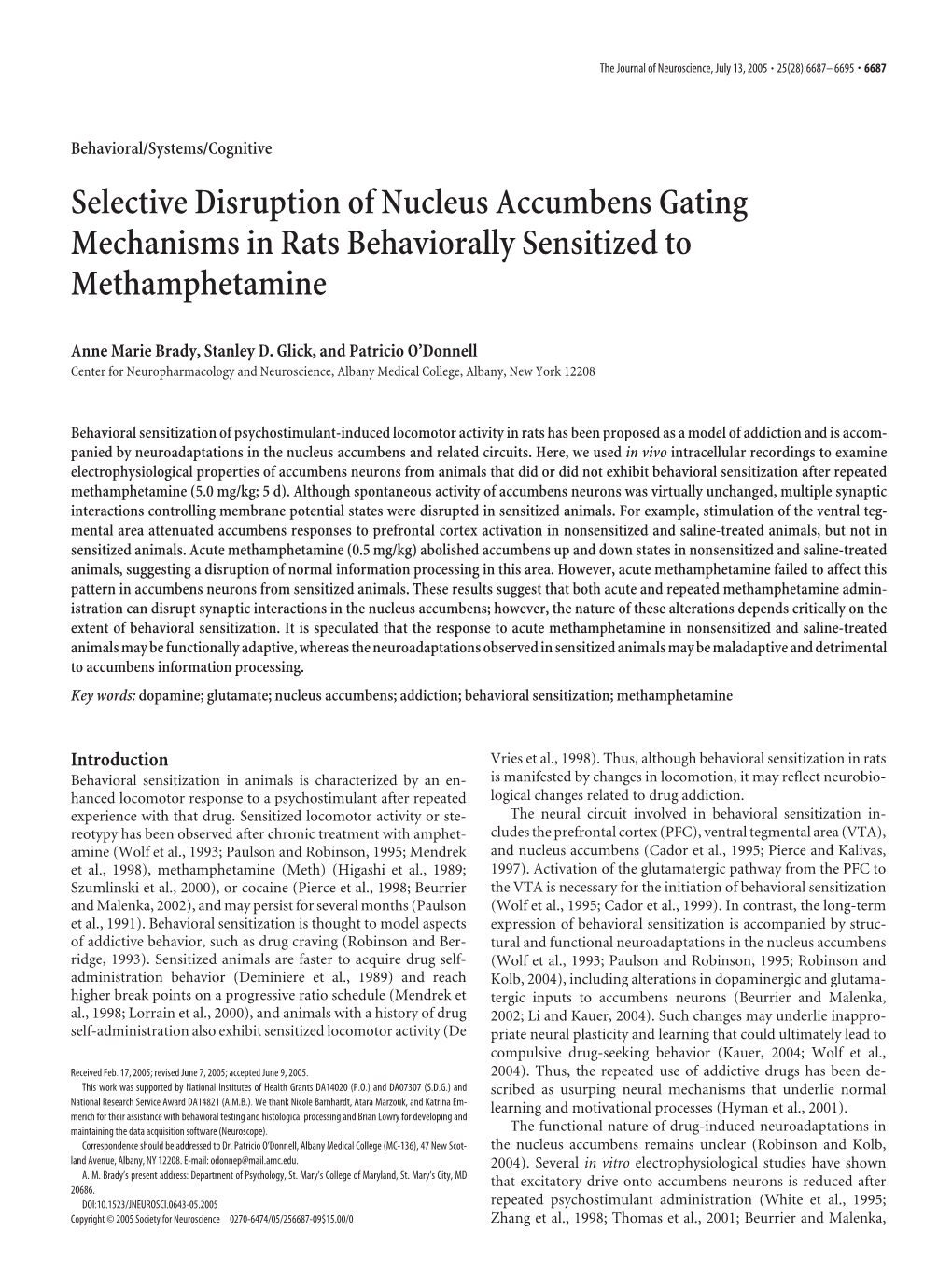 Selective Disruption of Nucleus Accumbens Gating Mechanisms in Rats Behaviorally Sensitized to Methamphetamine