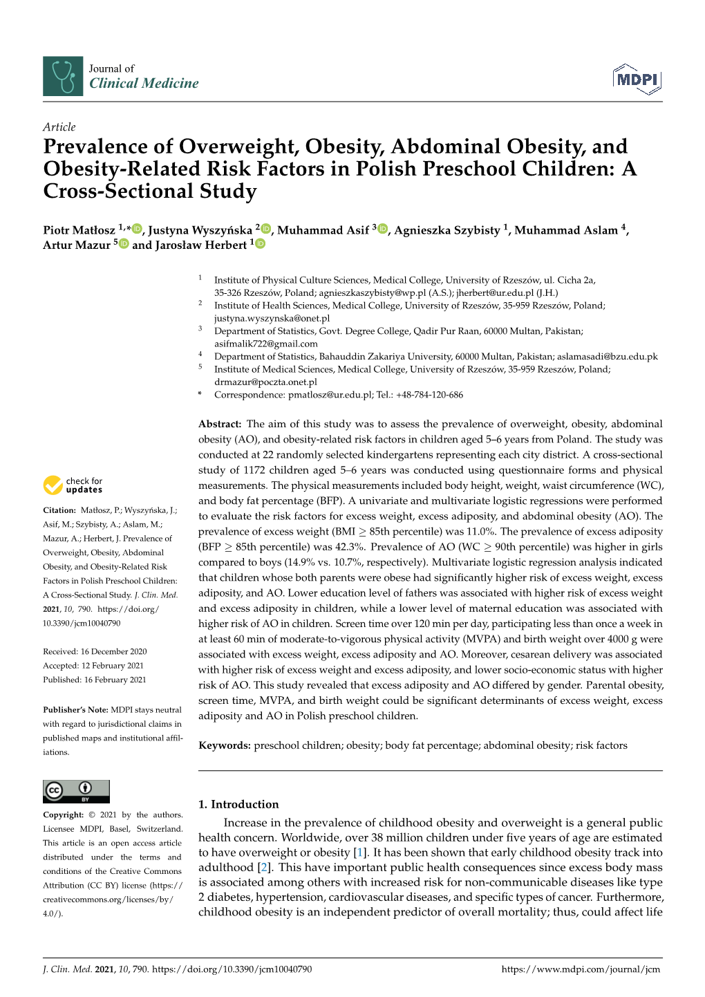 Prevalence of Overweight, Obesity, Abdominal Obesity, and Obesity-Related Risk Factors in Polish Preschool Children: a Cross-Sectional Study