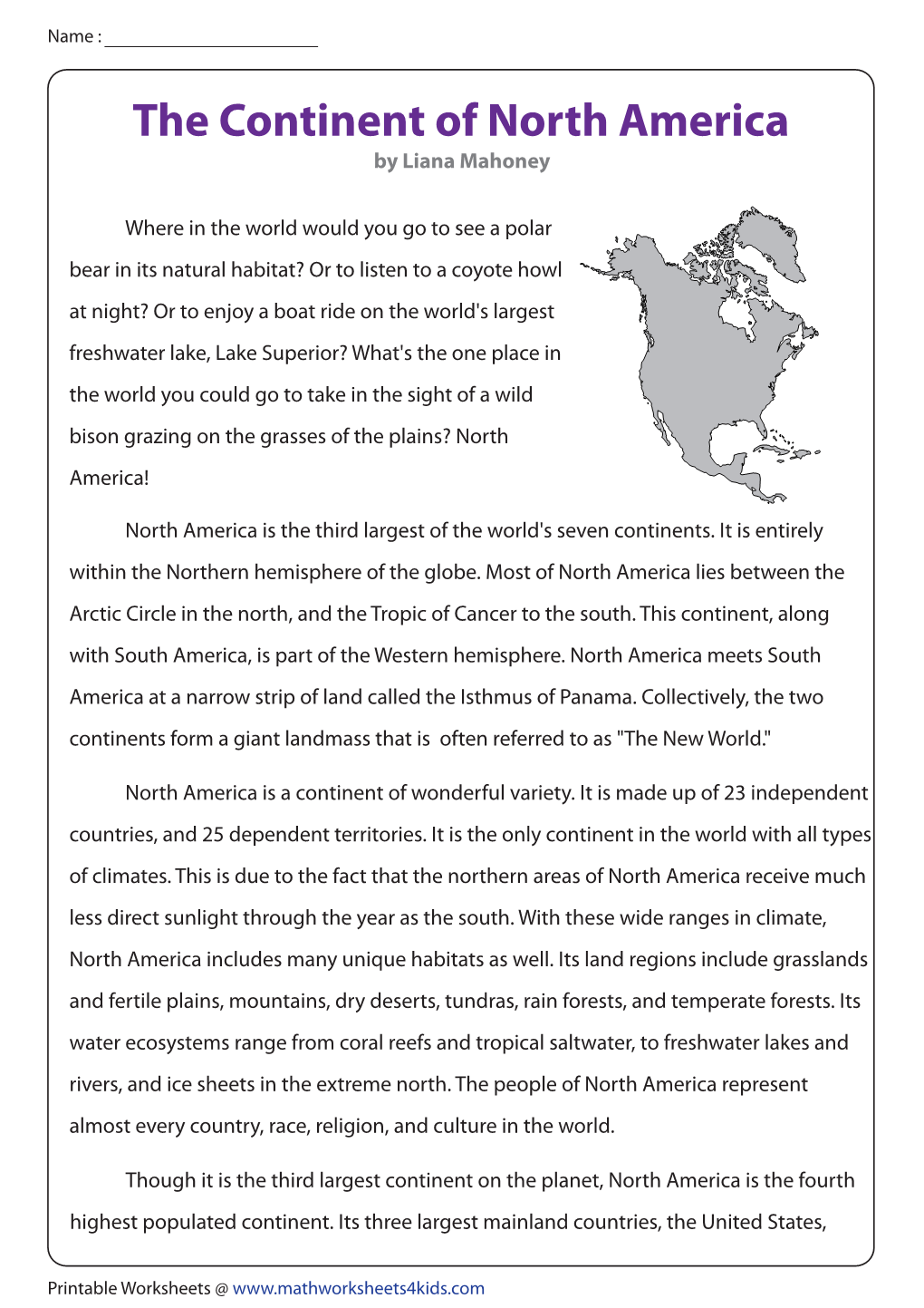 The Continent of North America by Liana Mahoney