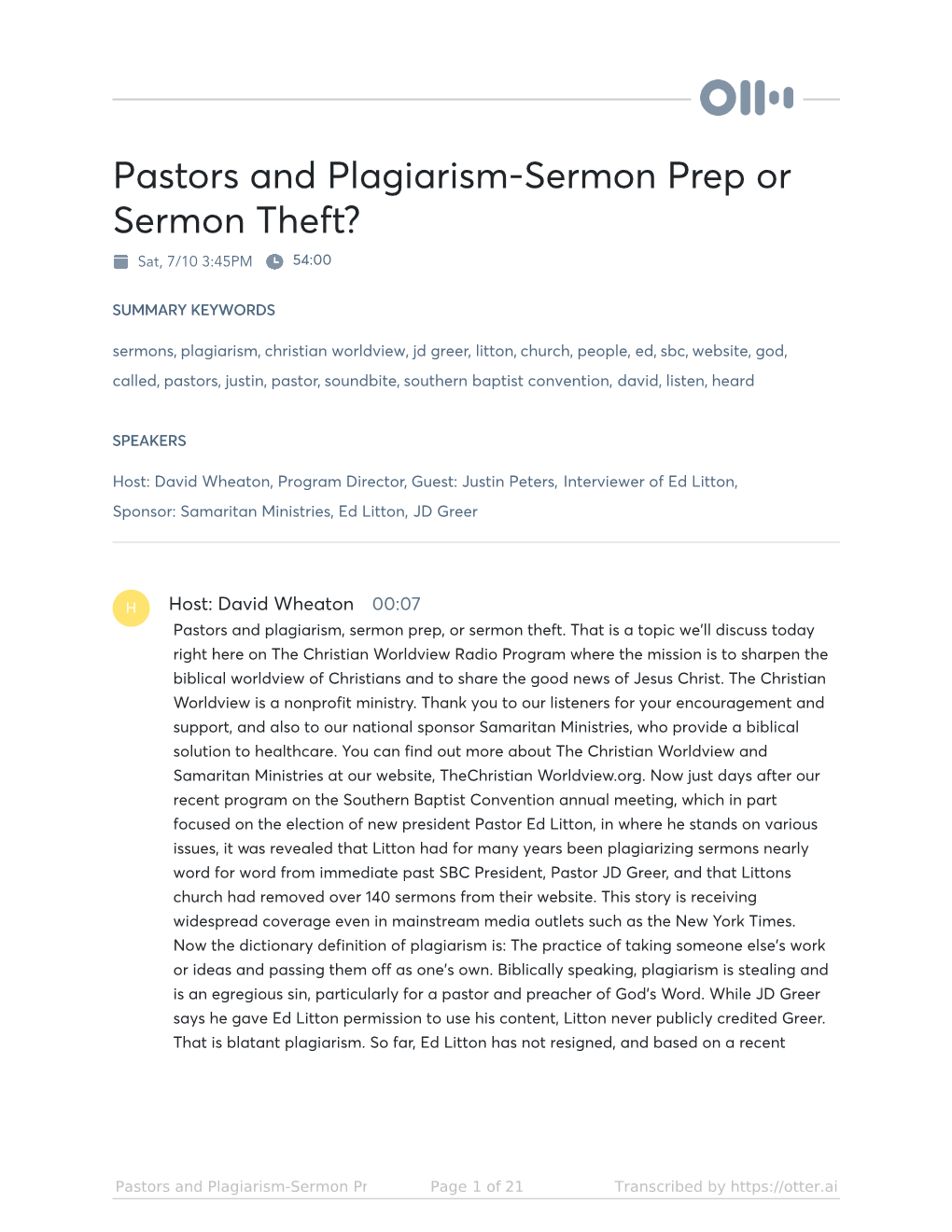 Pastors and Plagiarism-Sermon Prep Or Sermon Theft? Sat, 7/10 3:45PM 54:00