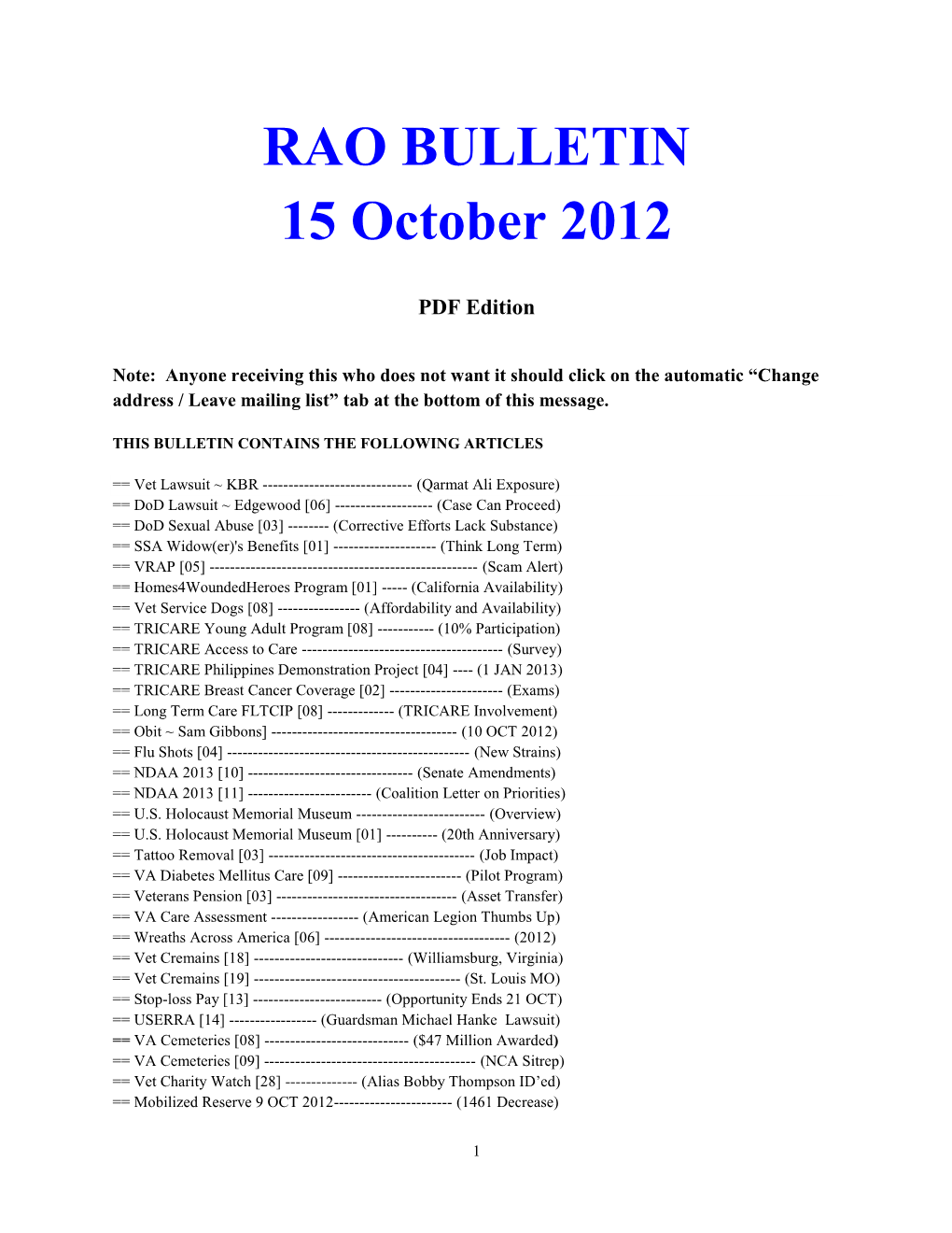 RAO BULLETIN 15 October 2012