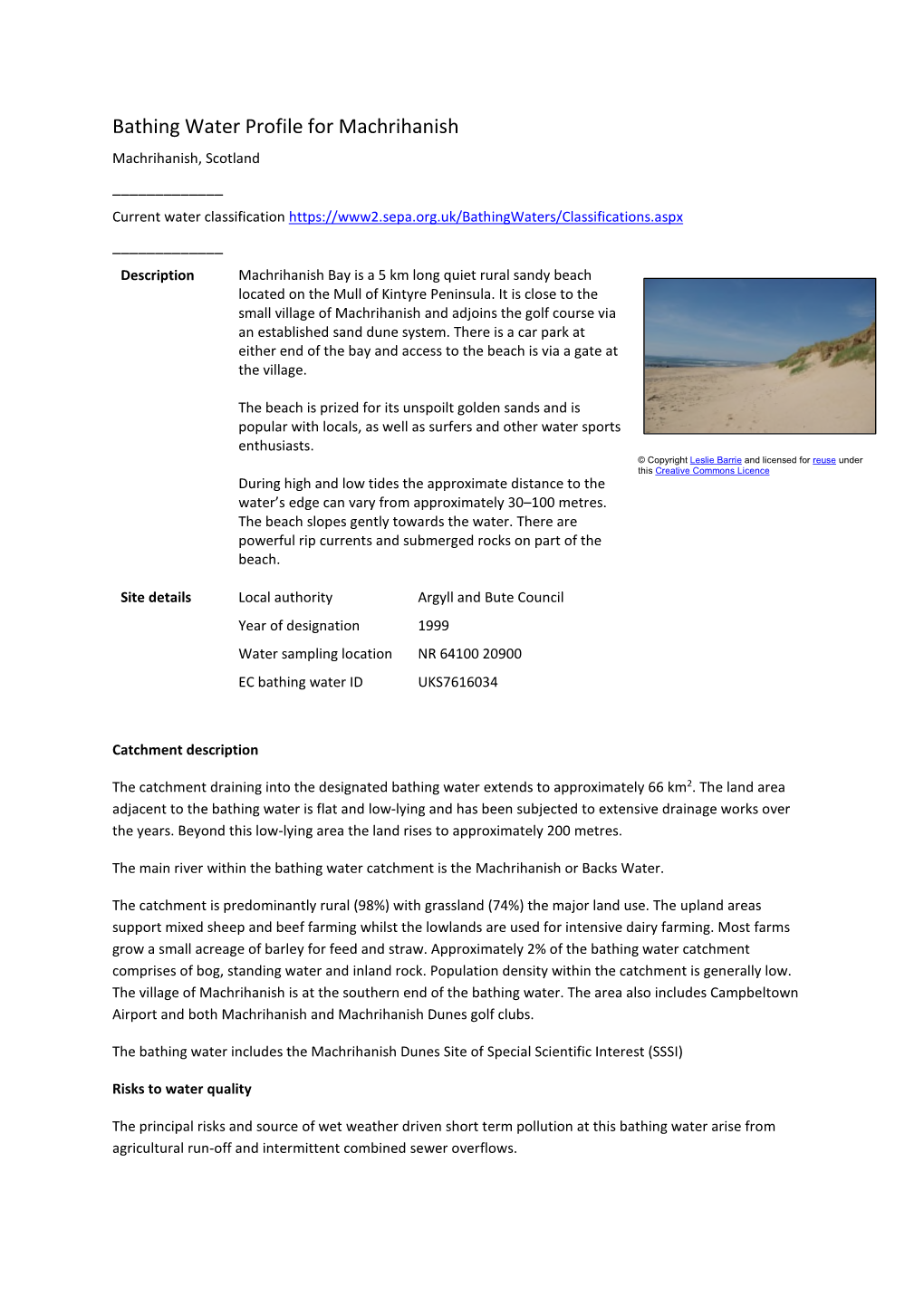 Bathing Water Profile for Machrihanish