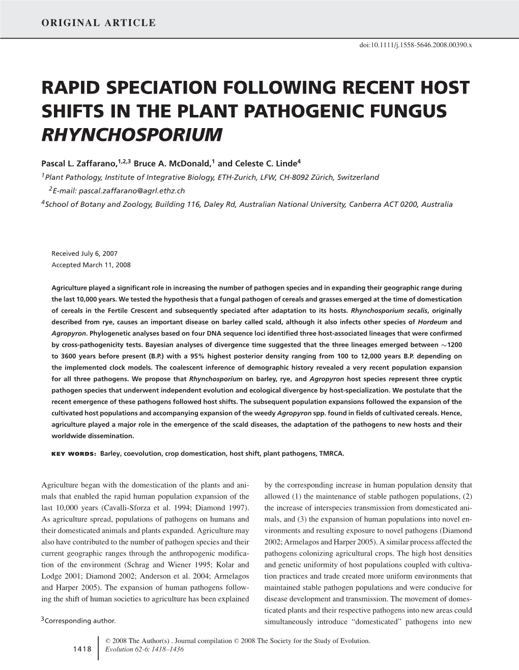 Rapid Speciation Following Recent Host Shifts in the Plant Pathogenic Fungus Rhynchosporium