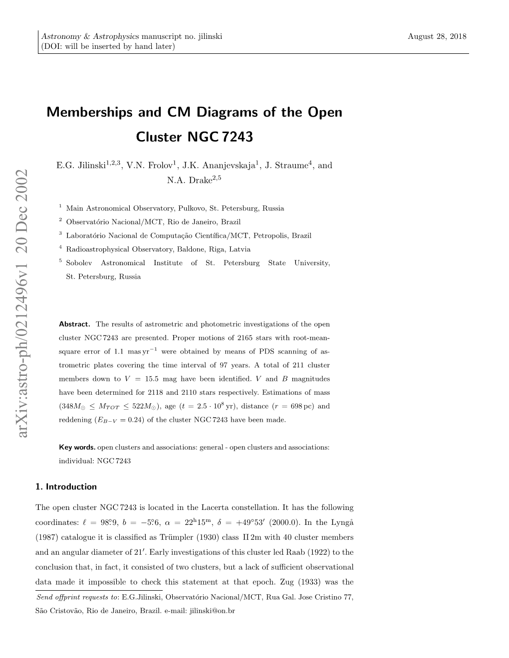 Memberships and CM Diagrams of the Open Cluster NGC 7243