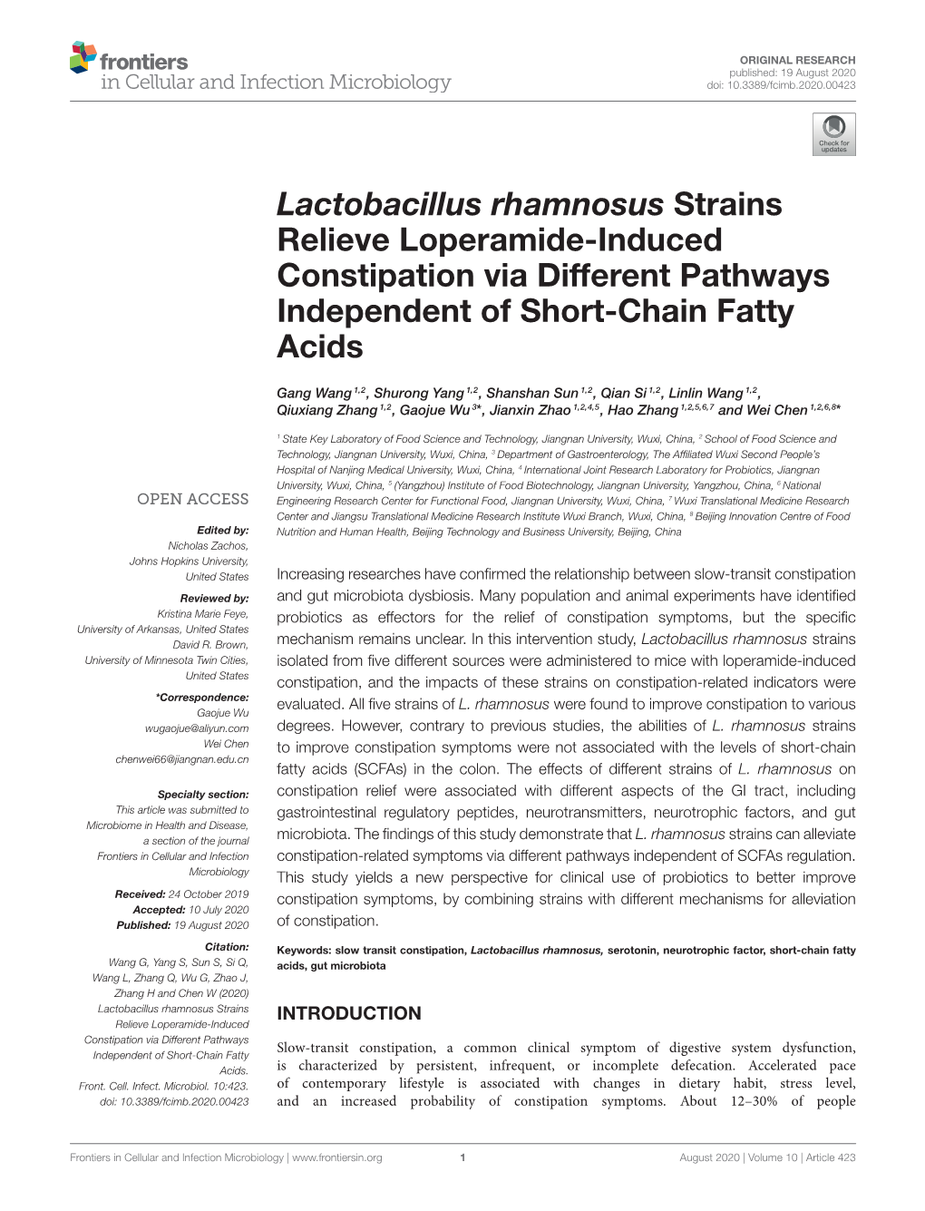 Lactobacillus Rhamnosus Strains Relieve Loperamide-Induced Constipation Via Different Pathways Independent of Short-Chain Fatty Acids