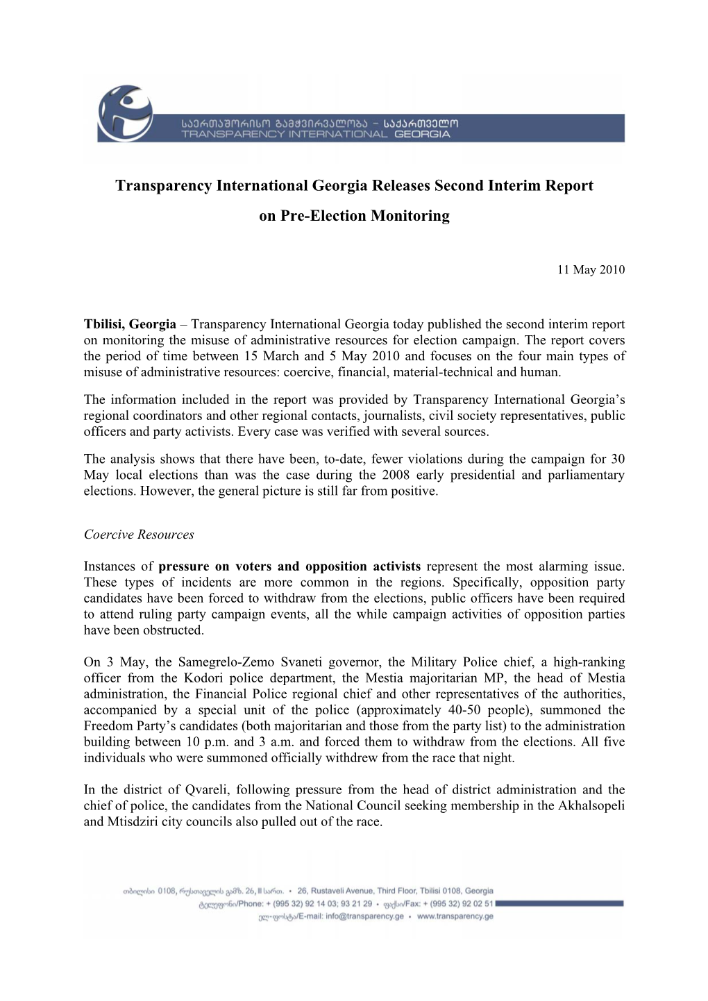 Transparency International Georgia Releases Second Interim Report on Pre-Election Monitoring