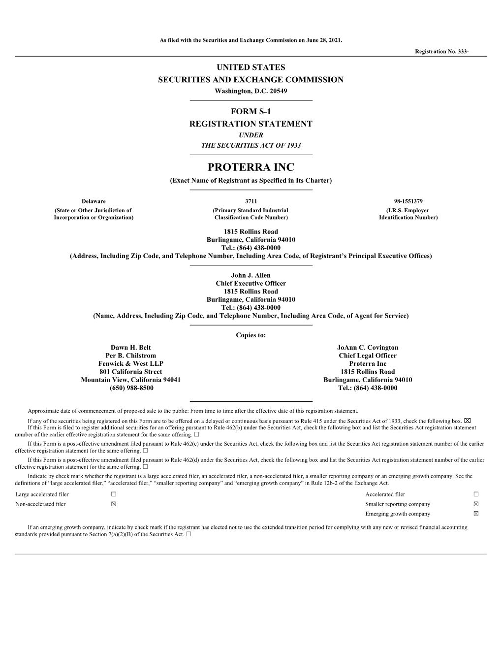 PROTERRA INC (Exact Name of Registrant As Specified in Its Charter)