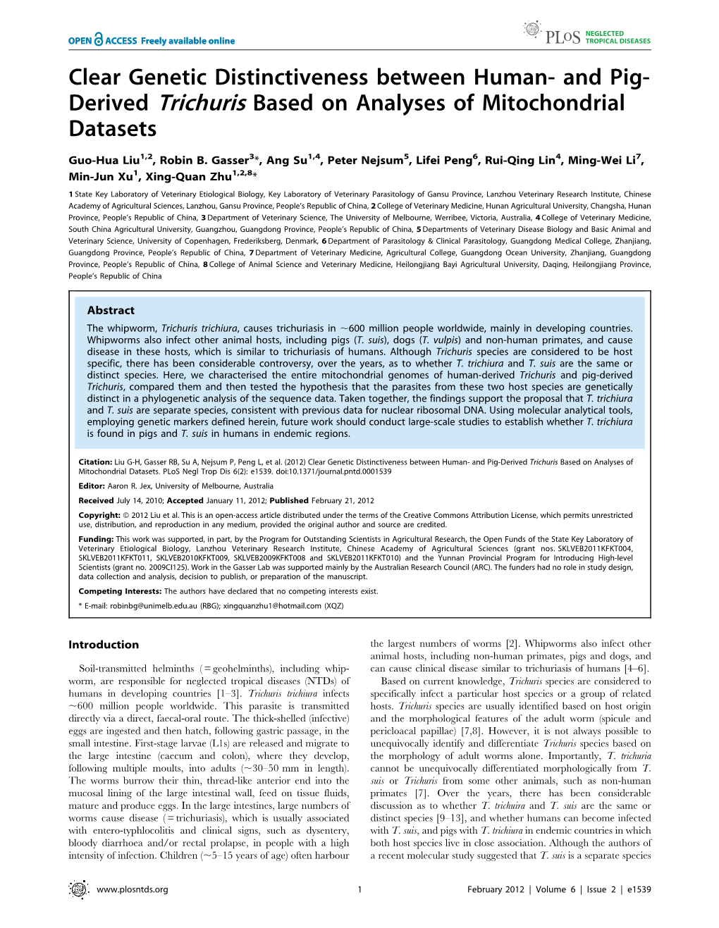 Clear Genetic Distinctiveness Between Human- and Pig- Derived Trichuris Based on Analyses of Mitochondrial Datasets