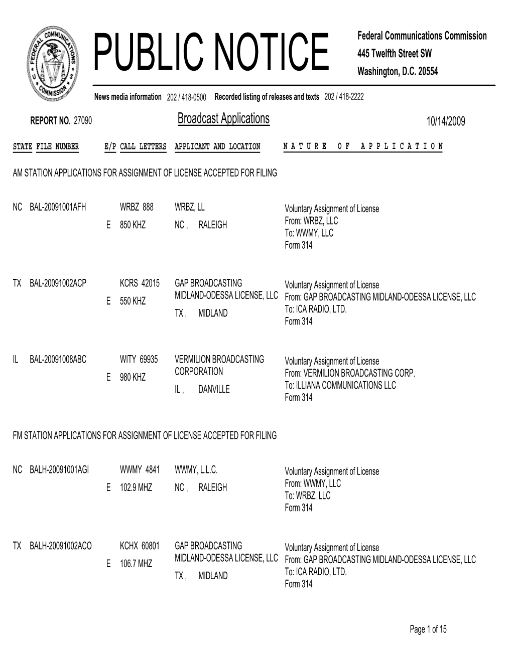 Broadcast Applications 10/14/2009