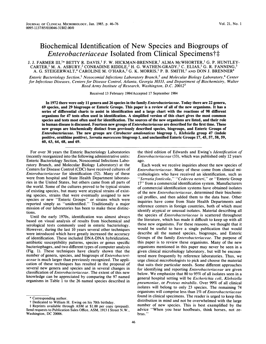 Biochemical Identification of New Species and Biogroups of Enterobacteriaceae Isolated from Clinical Specimenstt J