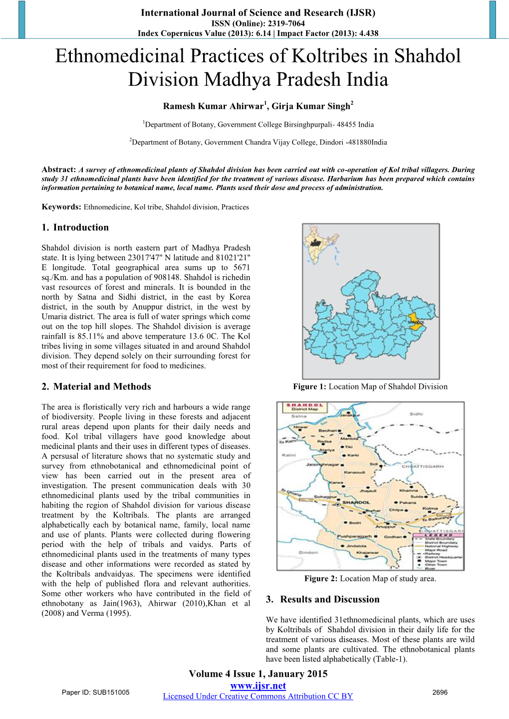 Ethnomedicinal Practices of Koltribes in Shahdol Division Madhya Pradesh India