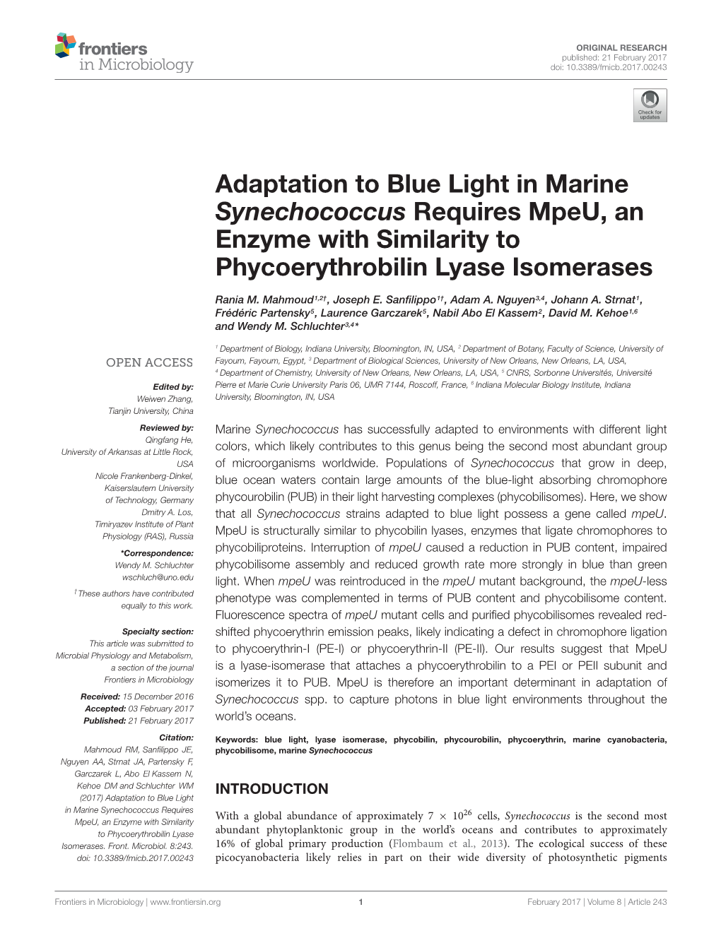 Adaptation to Blue Light in Marine Synechococcus Requires Mpeu, an Enzyme with Similarity to Phycoerythrobilin Lyase Isomerases