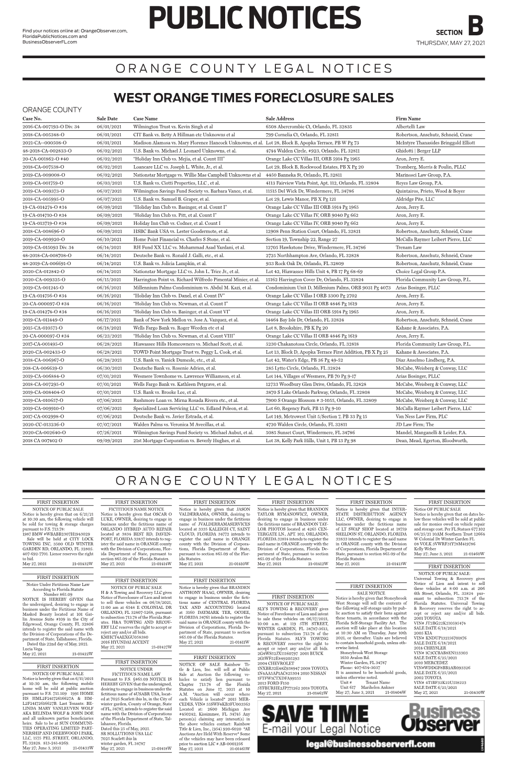 PUBLIC NOTICES SECTION Floridapublicnotices.Com and B Businessobserverfl.Com THURSDAY, MAY 27, 2021