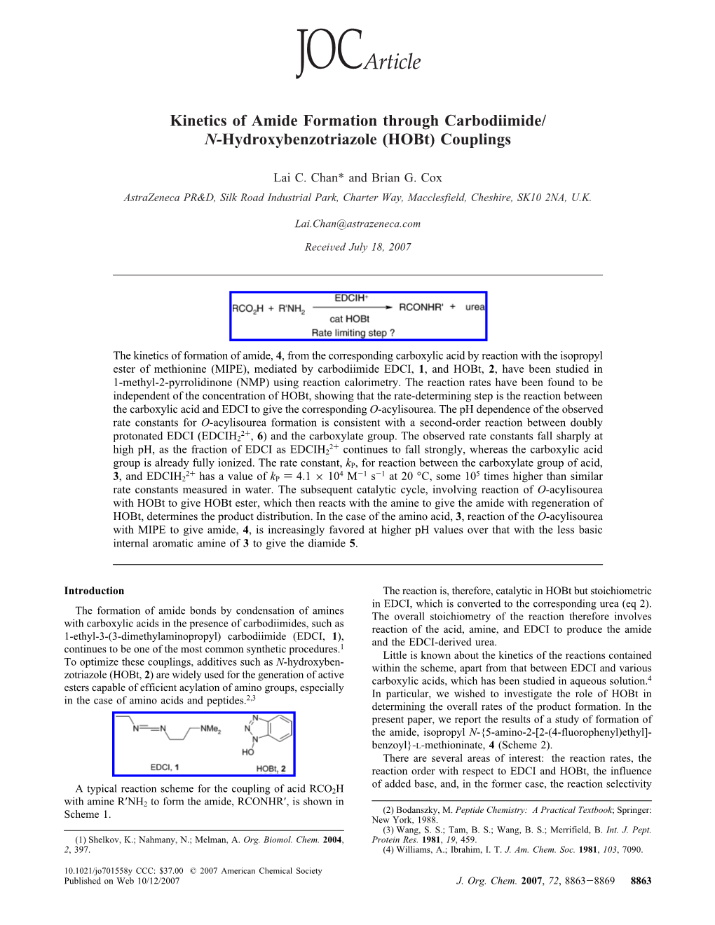 Kinetics of Amide Formation Through Carbodiimide/ N-Hydroxybenzotriazole (Hobt) Couplings