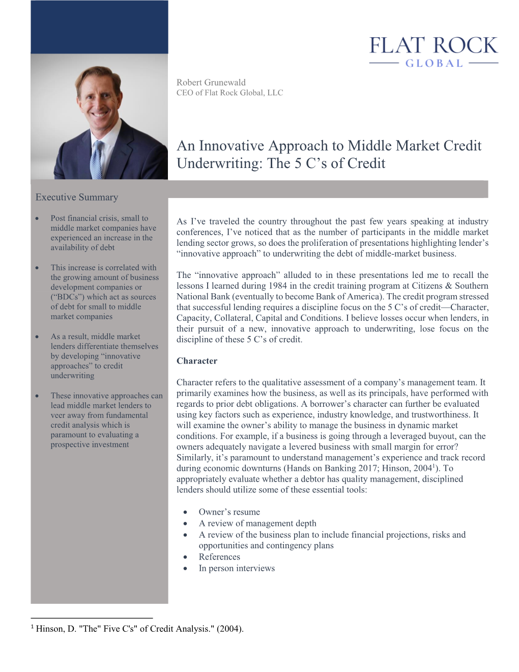 An Innovative Approach to Middle Market Credit Underwriting: the 5 C's of Credit