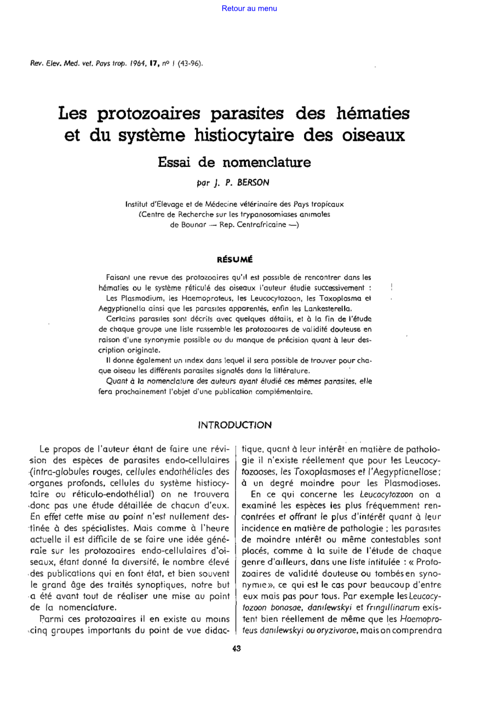 Les Protozoaires Parasites Des Hématies Et Du Système Histiocytaire Des Oiseaux Essai De Nomenclature Par )