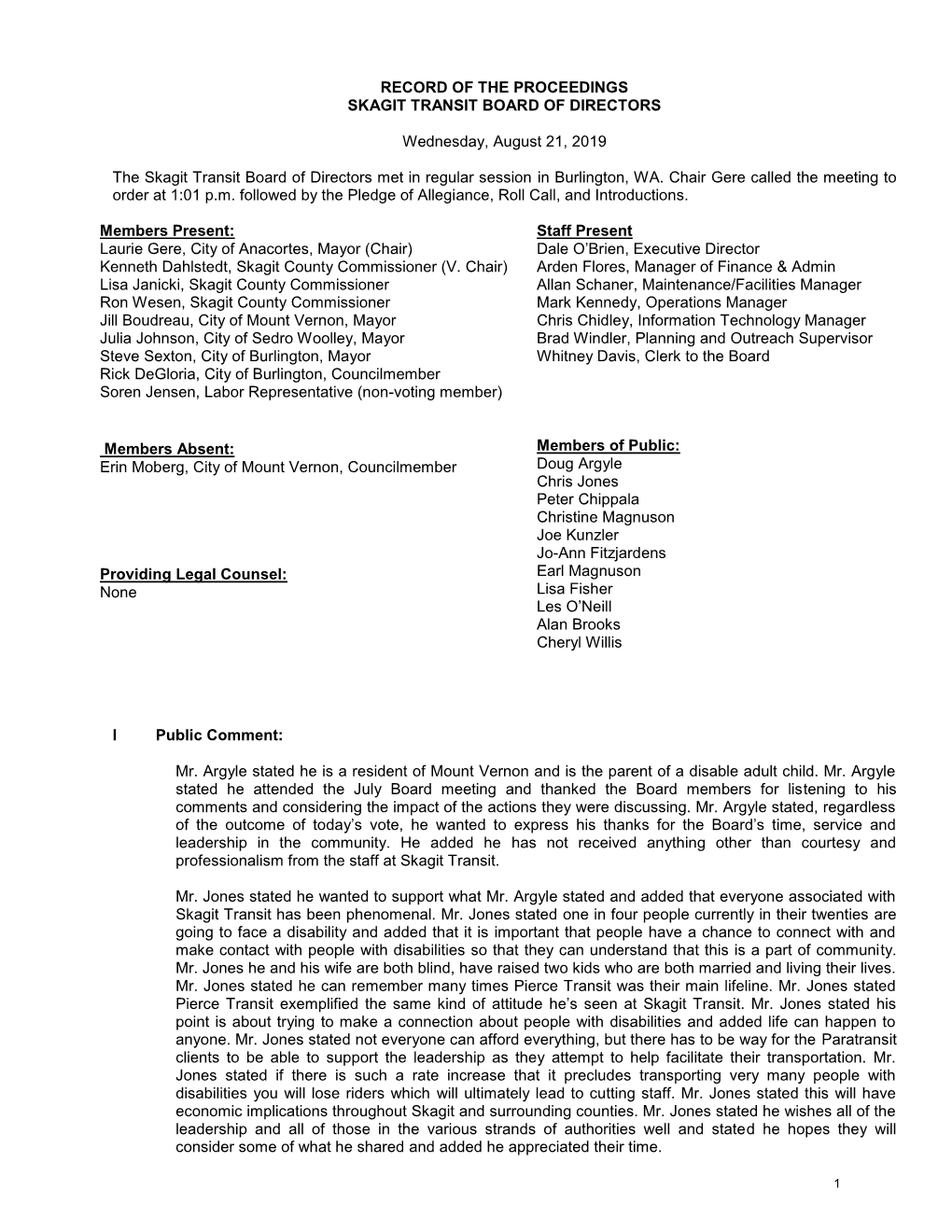 Record of the Proceedings Skagit Transit Board of Directors