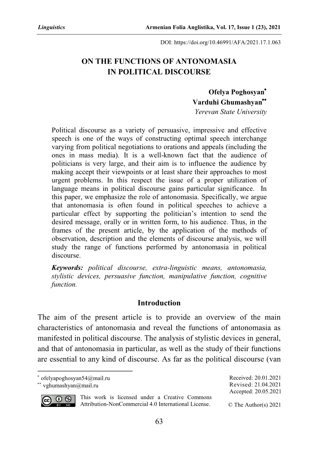 Armenian Folia Anglistika – the Official Peer-Reviewed Academic Journal of the Armenian Association for the Study of English