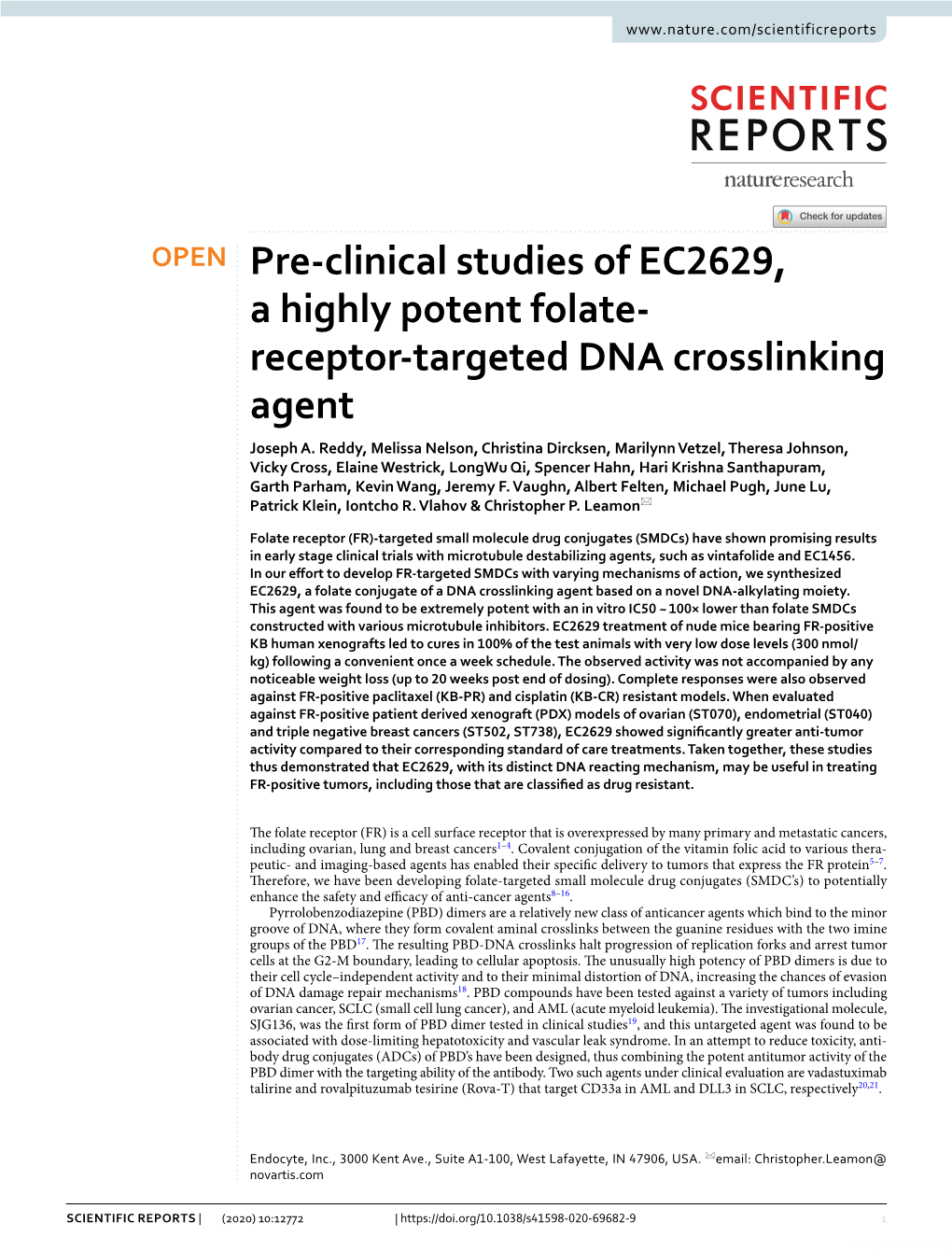 Pre-Clinical Studies of EC2629, a Highly Potent Folate- Receptor-Targeted DNA Crosslinking Agent