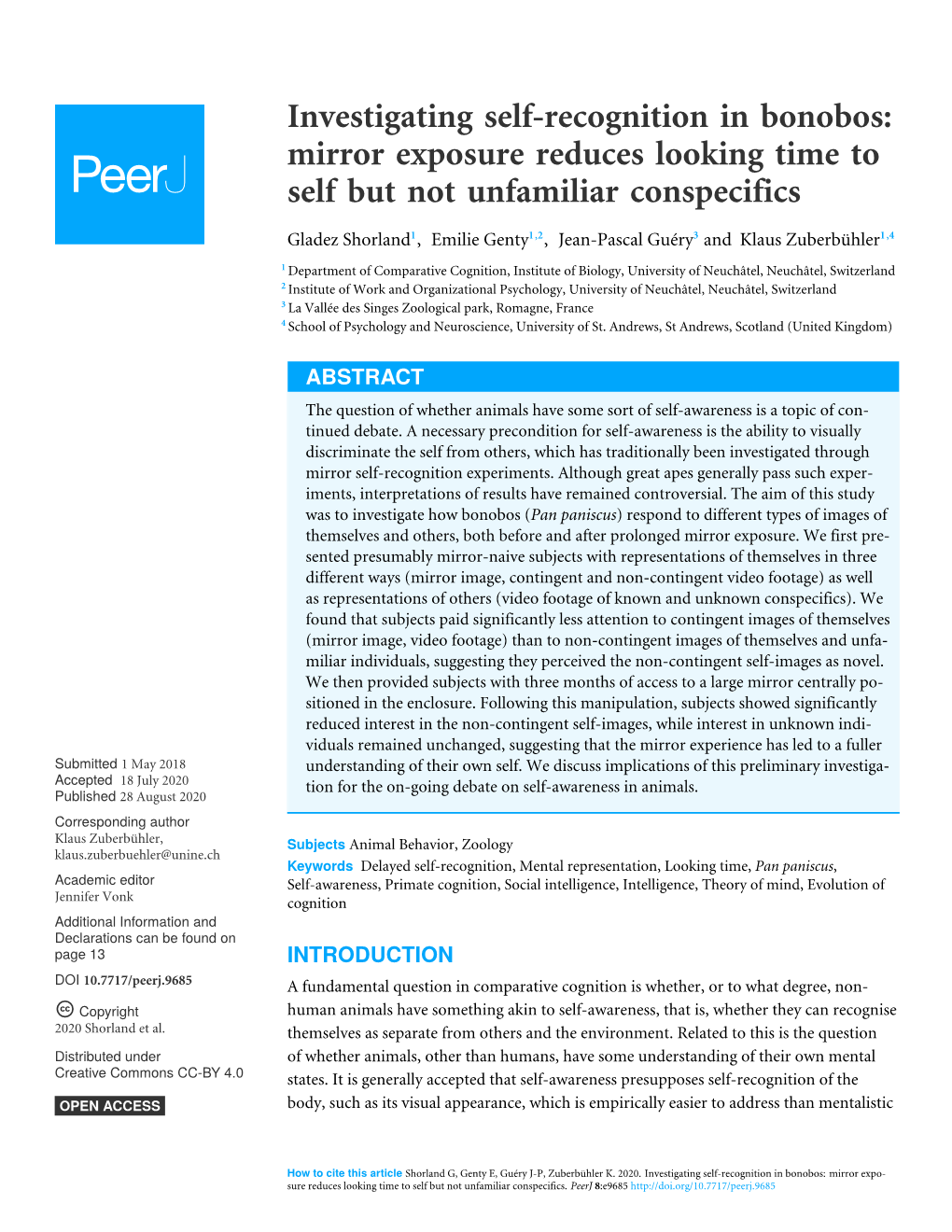 Investigating Self-Recognition in Bonobos: Mirror Exposure Reduces Looking Time to Self but Not Unfamiliar Conspecifics