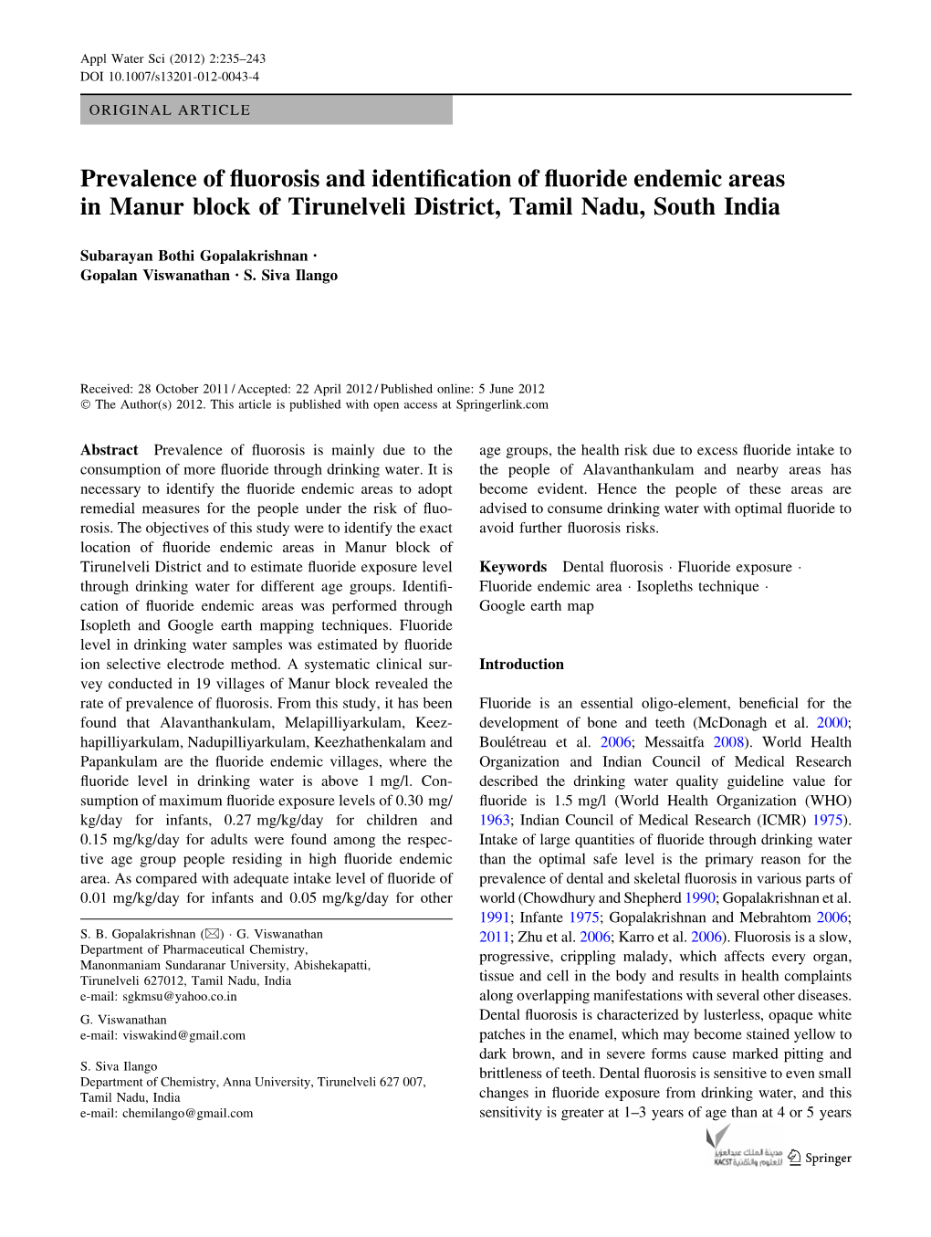 Prevalence of Fluorosis and Identification of Fluoride Endemic