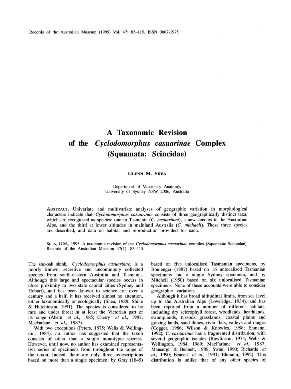 <I>Cyclodomorphus Casuarinae</I> Complex (Squamata: Scincidae)